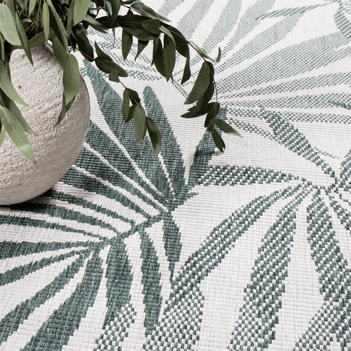 carpet city Outdoor Teppich Wetterfest 200x290 cm - Creme-Grün - Wendeteppich, Beidseitiges Florales Muster - Balkonteppich Wasserfest Outdoor - Terrassenteppich
