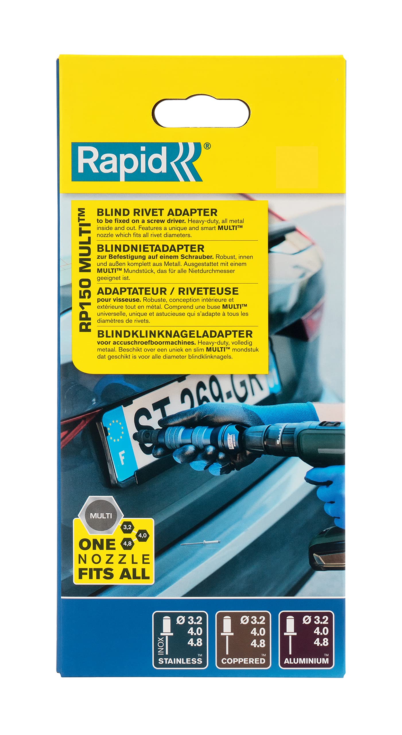 RAPID RP150 con Ugello MULTI/Adattatore per Trapano-Avvitatore, Compatibile con Rivetti a Strappo da 3,2-4,8 mm, 465 g, Blue