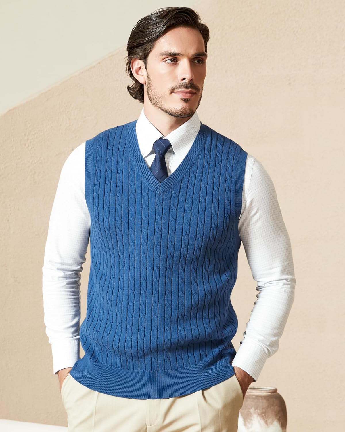 Kallspin Men’s Cable Knit Sweater Vest Pure Cotton V-Neck Sleeveless Knitted Pullover for Fall Winter - Image 7