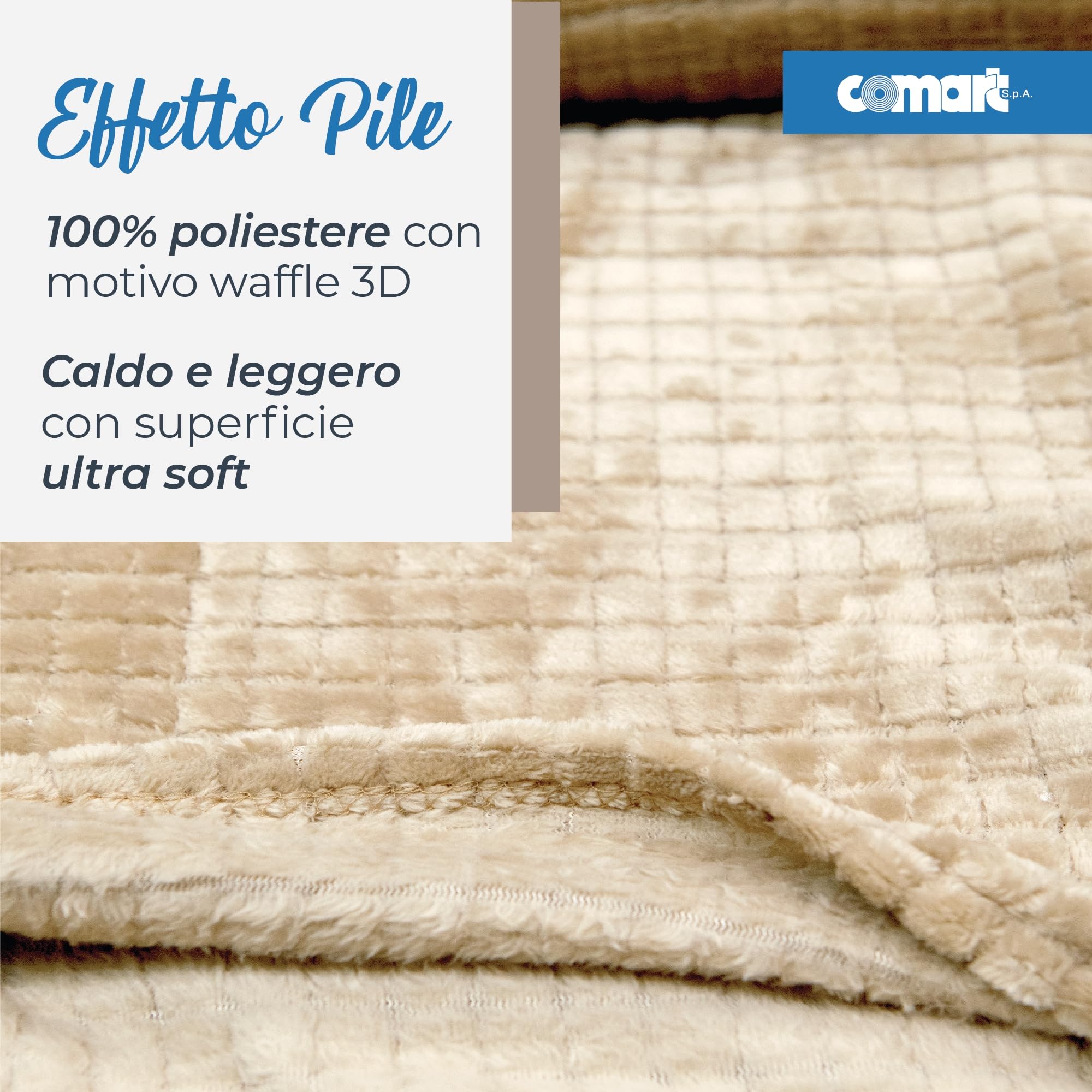 Comart - Plaid Waffle - 200x220 cm Beige - Morbida Coperta Effetto Pile