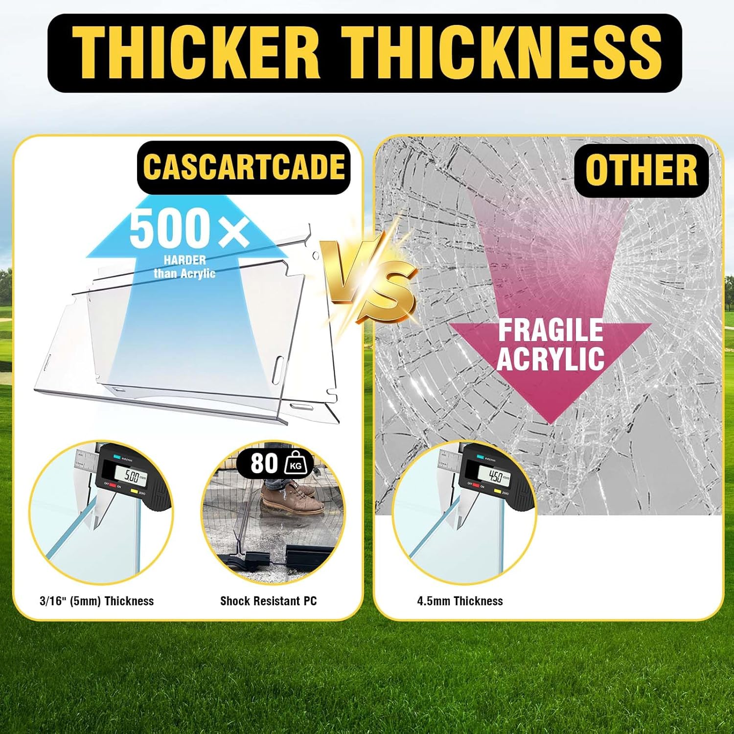 (3rd Gen HINGE) Club Car Precedent Windshield, 3/16" (5MM) Thickened PC Golf Cart Windshield for Precedent/Tempo/Onward (2004-Up), Heavy Duty Hinge, Foldable, Pre-installed Design Fits 1" Rail