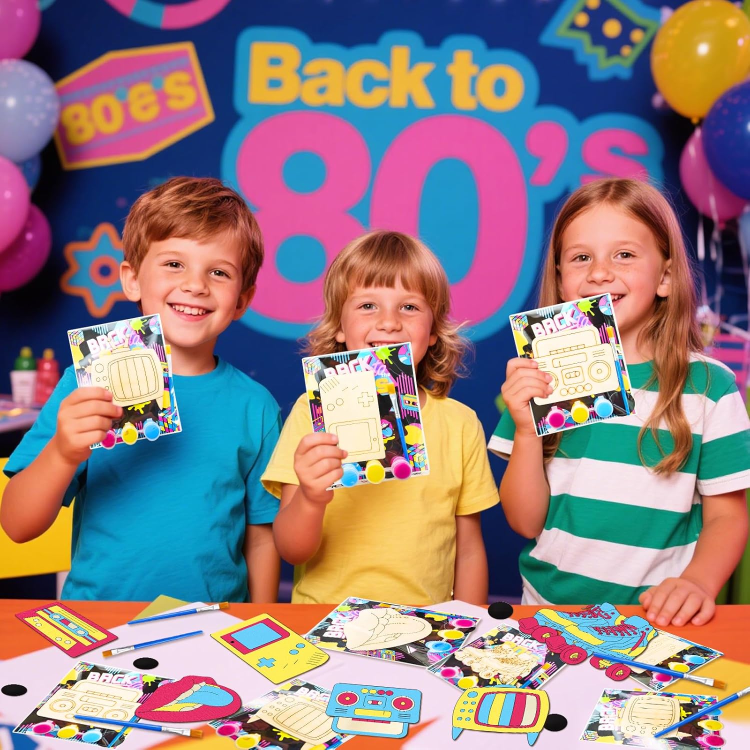 12Pack Pre-Packaged 80s 90s Party Favors: 80s Party Decorations Hip Hop Individually Wrapped Paint Your Own Wooden Craft Kits with Thank You Card 1980s Theme Party Decorations for Kids