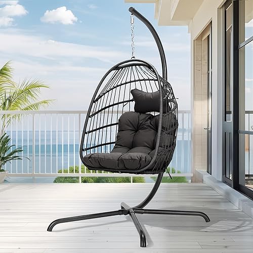 BULEXYARD - Silla colgante de huevo, de mimbre y ratán, cojines resistentes a los rayos ultravioleta, capacidad de 350 libras, para dormitorio, Gris