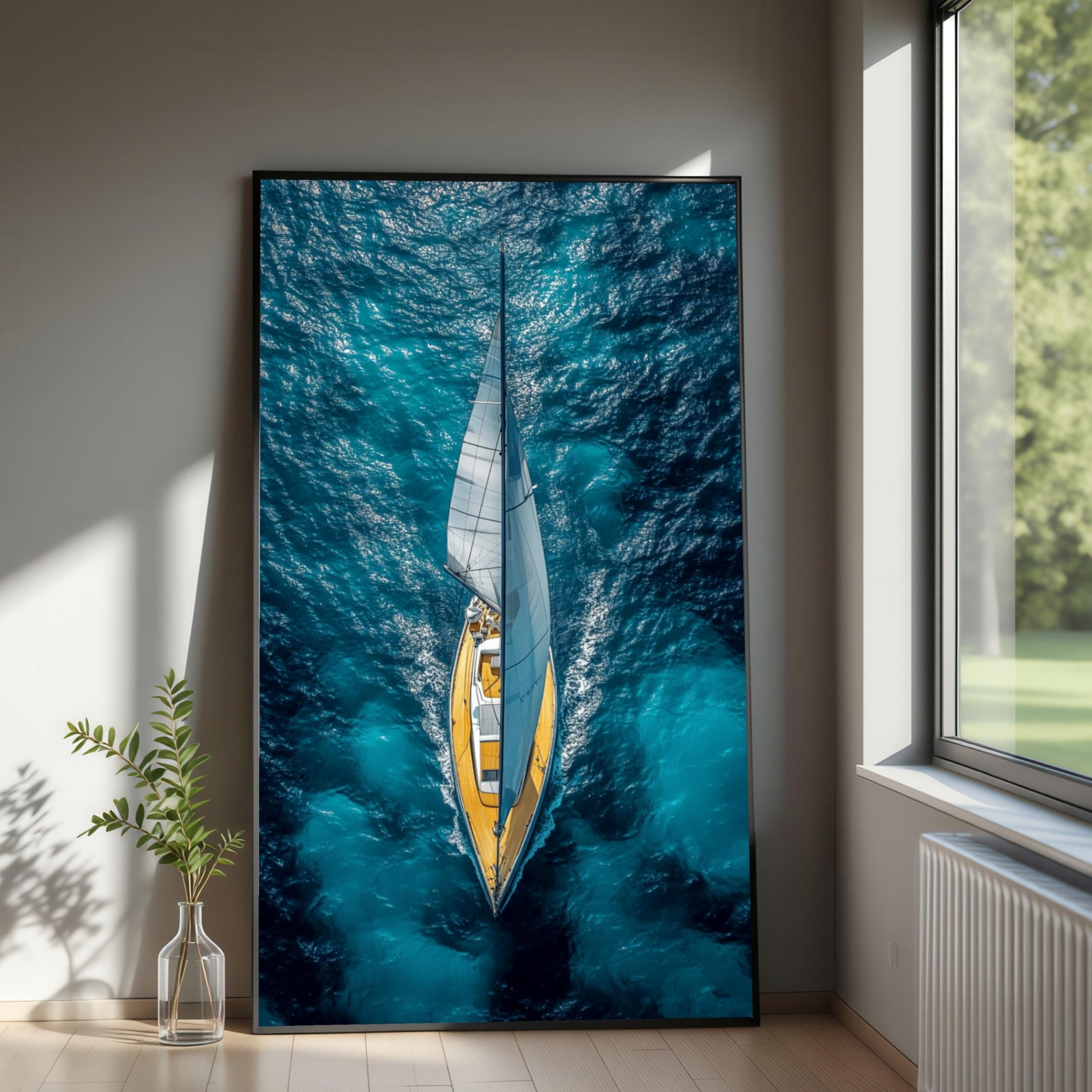 TONGYINLI Aerial View Sailing Yacht Canvas Painting, Blue Ocean Wall Art, Nautical Maritime Posters, Modern Coastal Home Decor(80x150cm/Frameless)