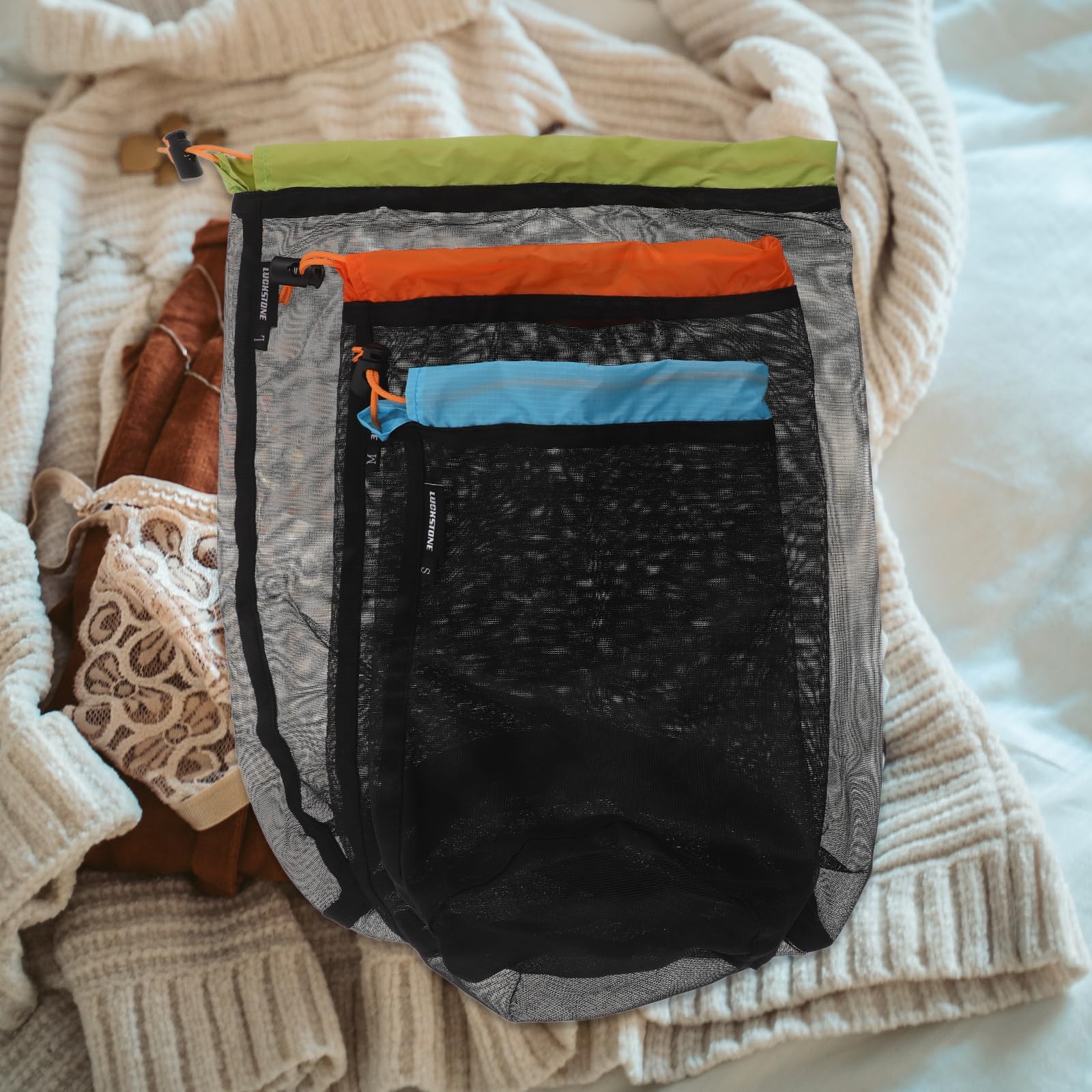 Leichter Kompressionssack Vielseitiger Reise Kompressionsbeutel 3 Stück-Pack aus Netzgewebe zum Organisieren und Backpacking mit Kordelzug für Schlafsäcke