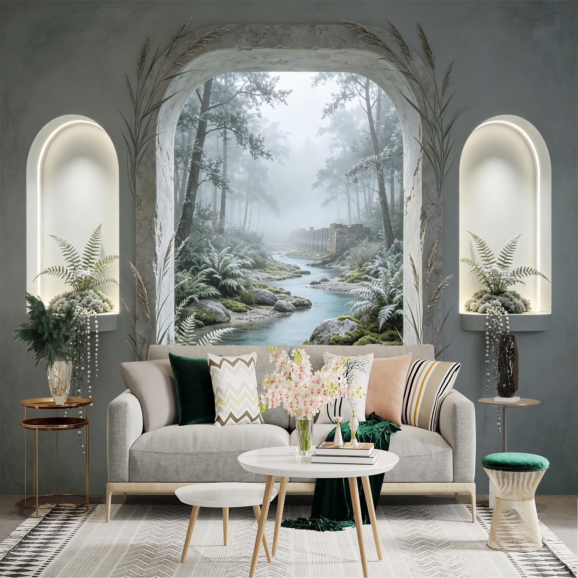 Custom Size Wall Sticker Mural， Misty Forest River with Stones and Fern Leaves， for wall Decoration， peelandstick wall Decals.