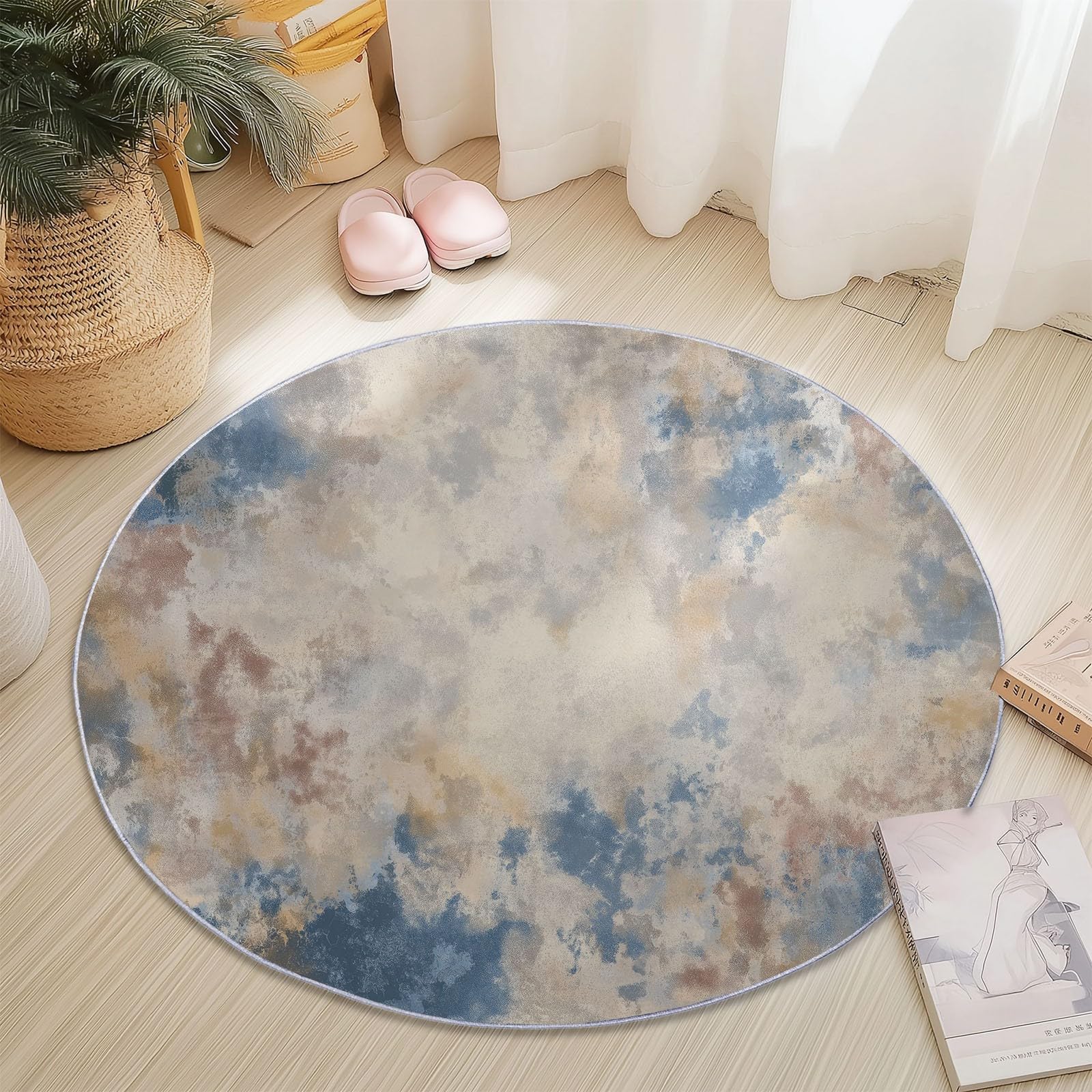 Tapis rond aquarelle bleu marron 180 cm idéal pour salon balcon et cuisine