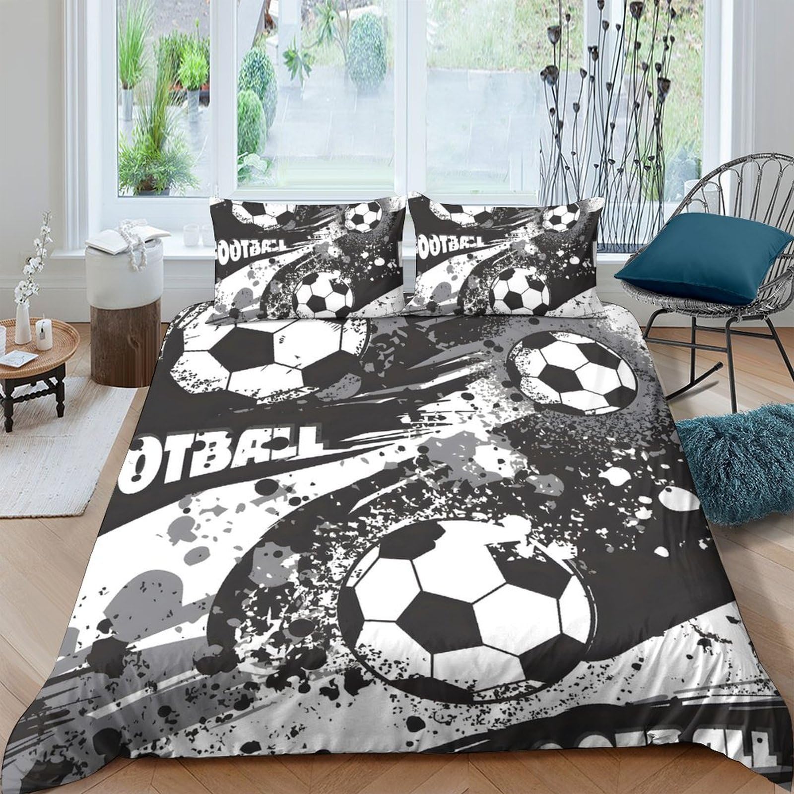 Ctjqhvkz Style-1 3D Printed Graffiti Football Fitted Sheet Microfiber Machine Washable Black White Soccer Mattress Cover For Bedroom Dorm Decor Single（135X200cm）