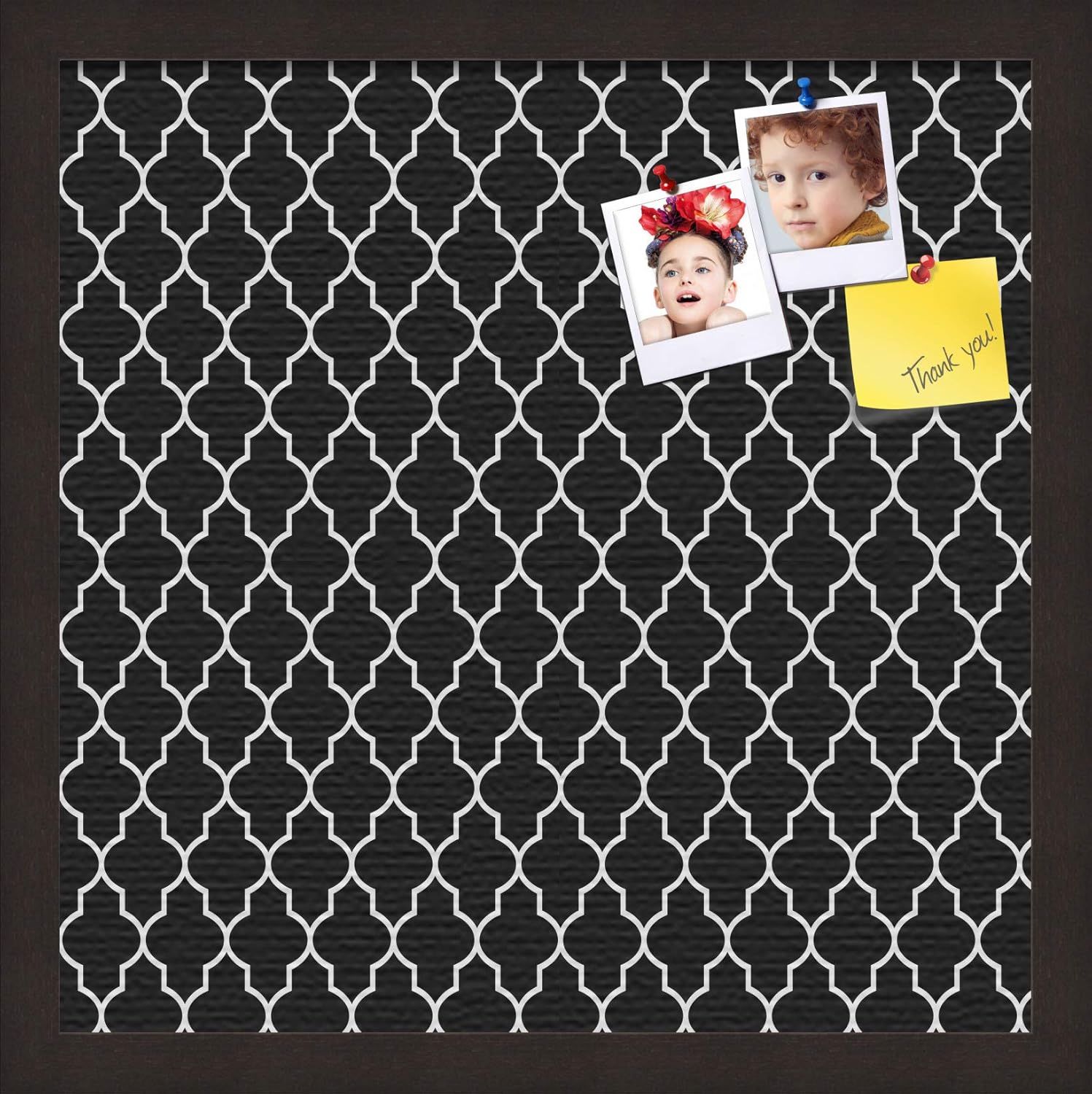 ArtToFrames 16x16 Custom Cork Bulletin Board. This Quatrefoil Black Pin Board Has a Fabric Style Canvas Finish, Framed in Coffee (PinPix-116-16x16_FRBW26061)