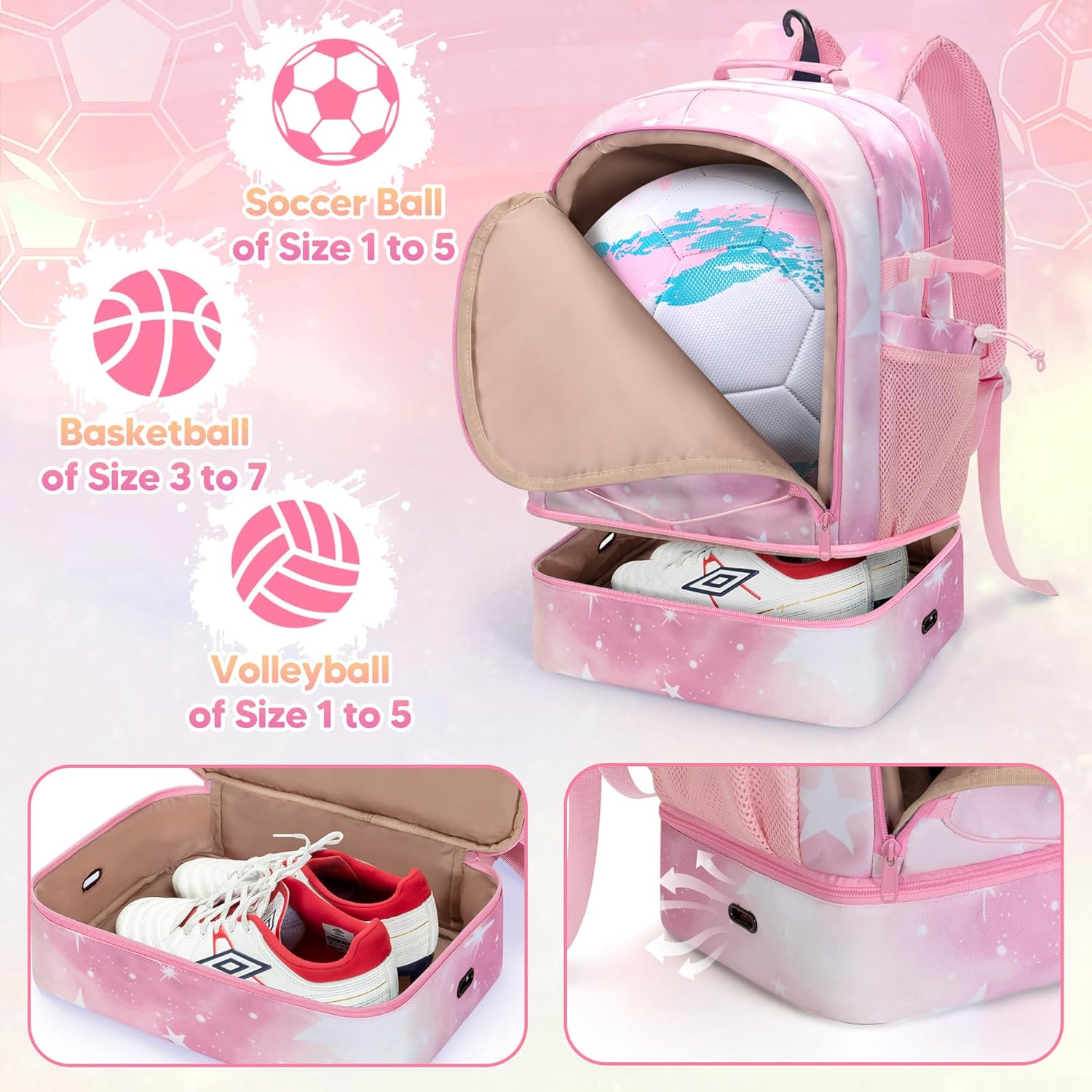 Smasrob Soccer Bags for Girls with Separate Ball Pocket and Shoe Compartment, Sports Backpack for Soccer, Basketball, Volleyball