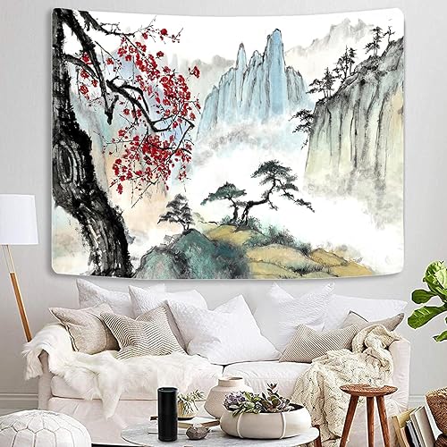 TOMOZ Tapiz japonés, tapiz estético de paisaje de naturaleza asiática, tapiz para colgar en la pared, tapiz de anime, sol rojo, flor de cerezo para