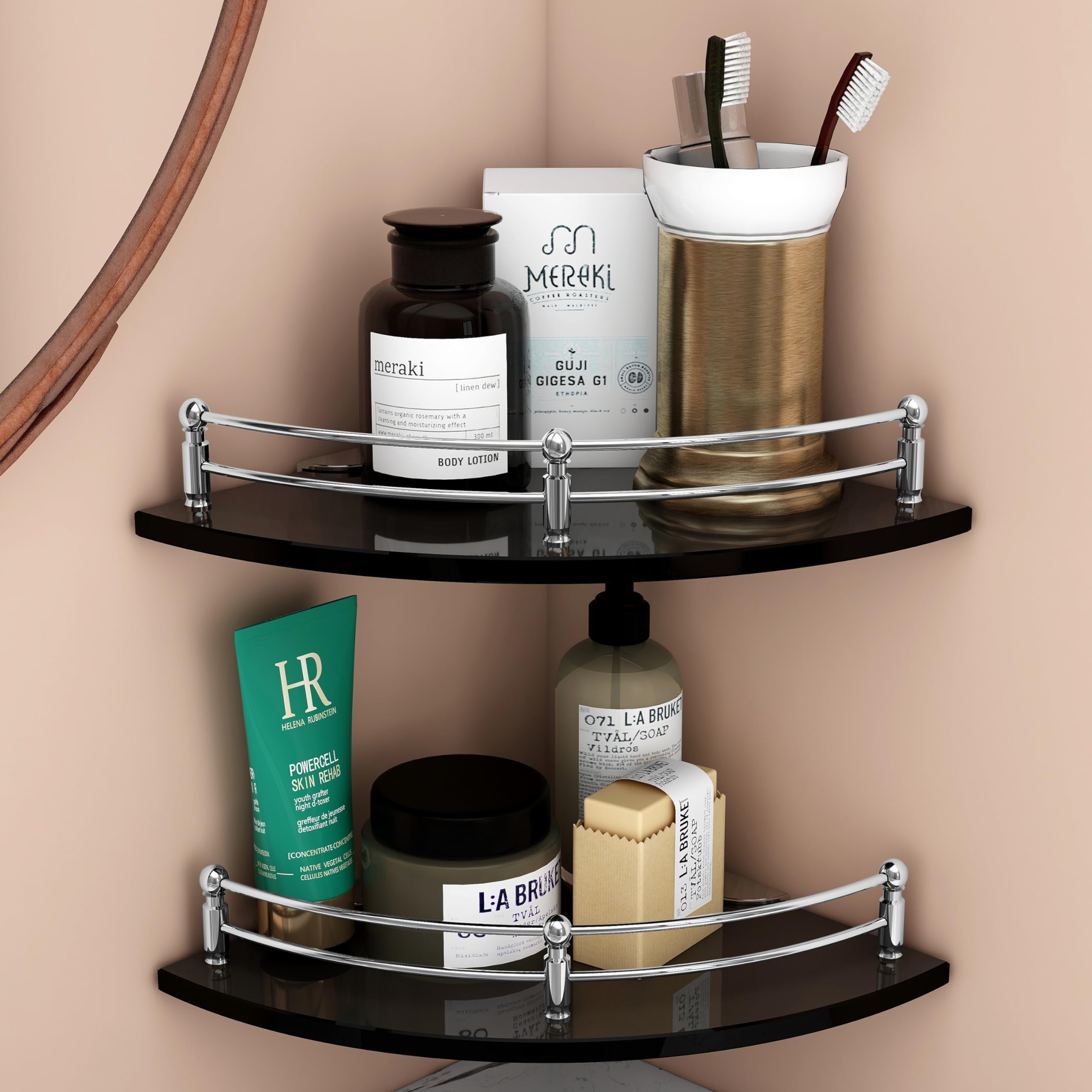 Plantex Wall Mount Glass Corner Shelf for Bathroom/Kitchen Shelf/Living Room Shelf/Bathroom Organizer (Black, 12 x 12 Inches) - Pack of 2