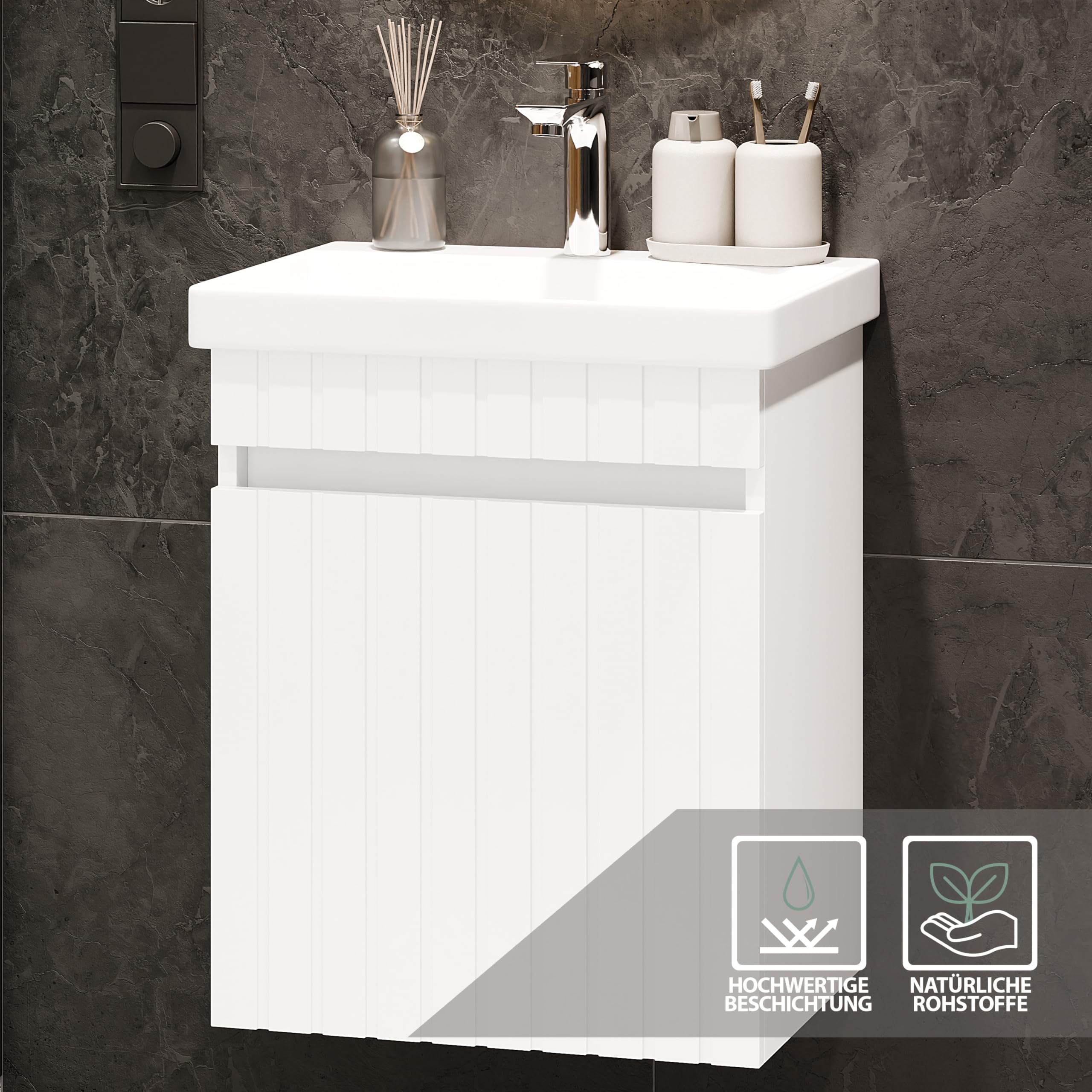 Planetmöbel Cosmia Badmöbel Set Waschbecken mit Unterschrank 50 x 60 x 35 cm Weiß, Keramik Waschtisch mit Tür