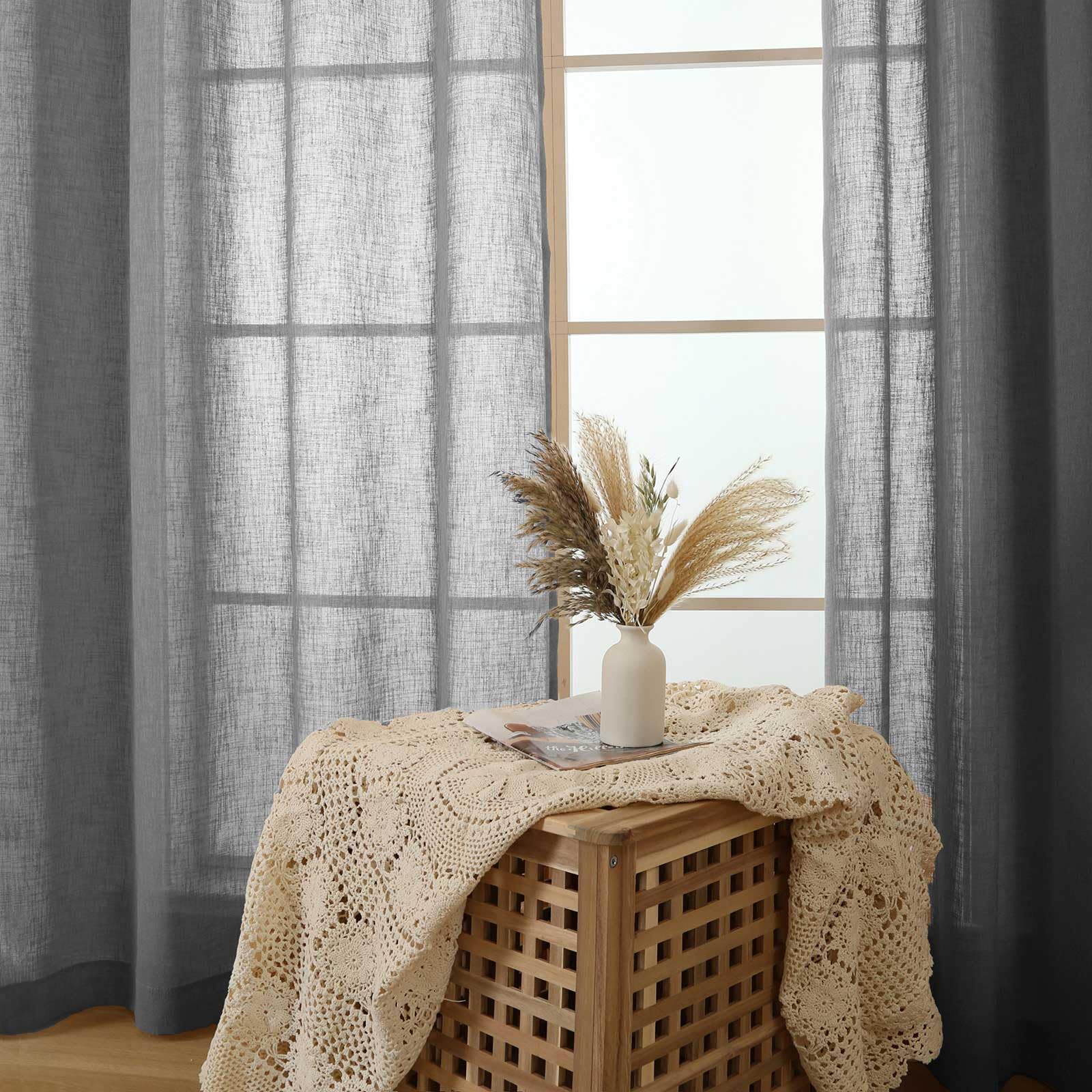 Amazon.co.jp: L.Z.E ダークグレーリネンセミシアーカーテンリビング