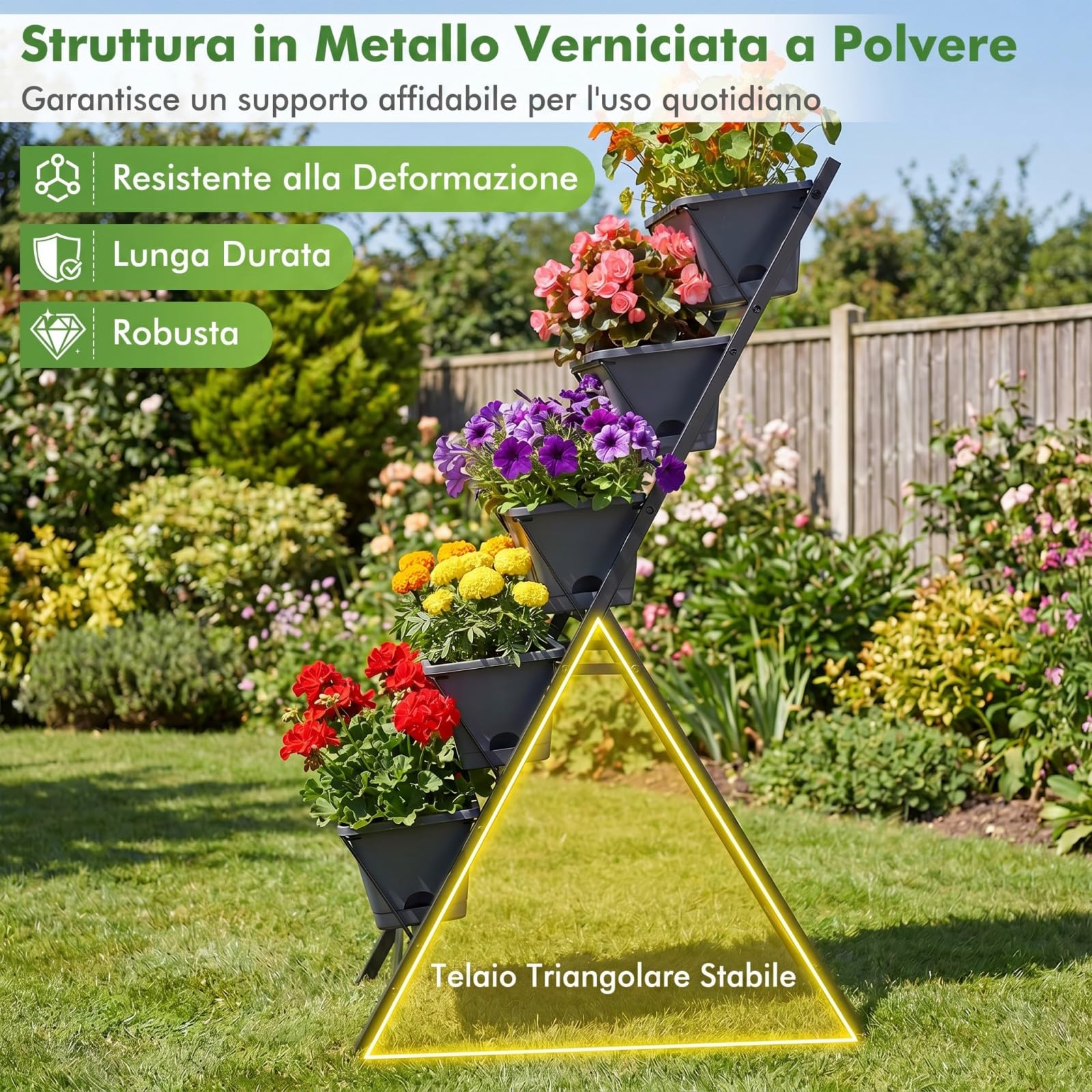 COSTWAY Fioriera Verticale a 5 Livelli, Orto Rialzato a Scaletta da Interno e Esterno, Scaffale Porta Piante Salvaspazio in Metallo con Fori di Drenaggio e 5 Sottovasi Rimovibili (Nero)
