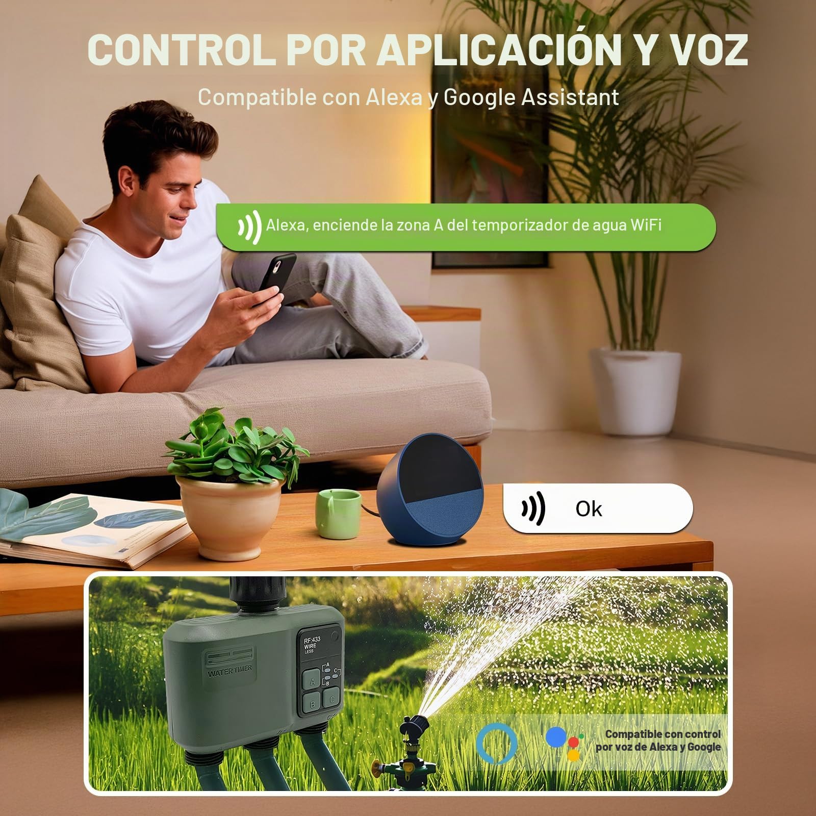johgee Programador Riego WiFi 3 Salidas con tecnología RF 433 500M, riego temporizado Inteligente con App, Control por Voz Alexa, 6 horarios de riego, Temporizador de riego automático para jardín