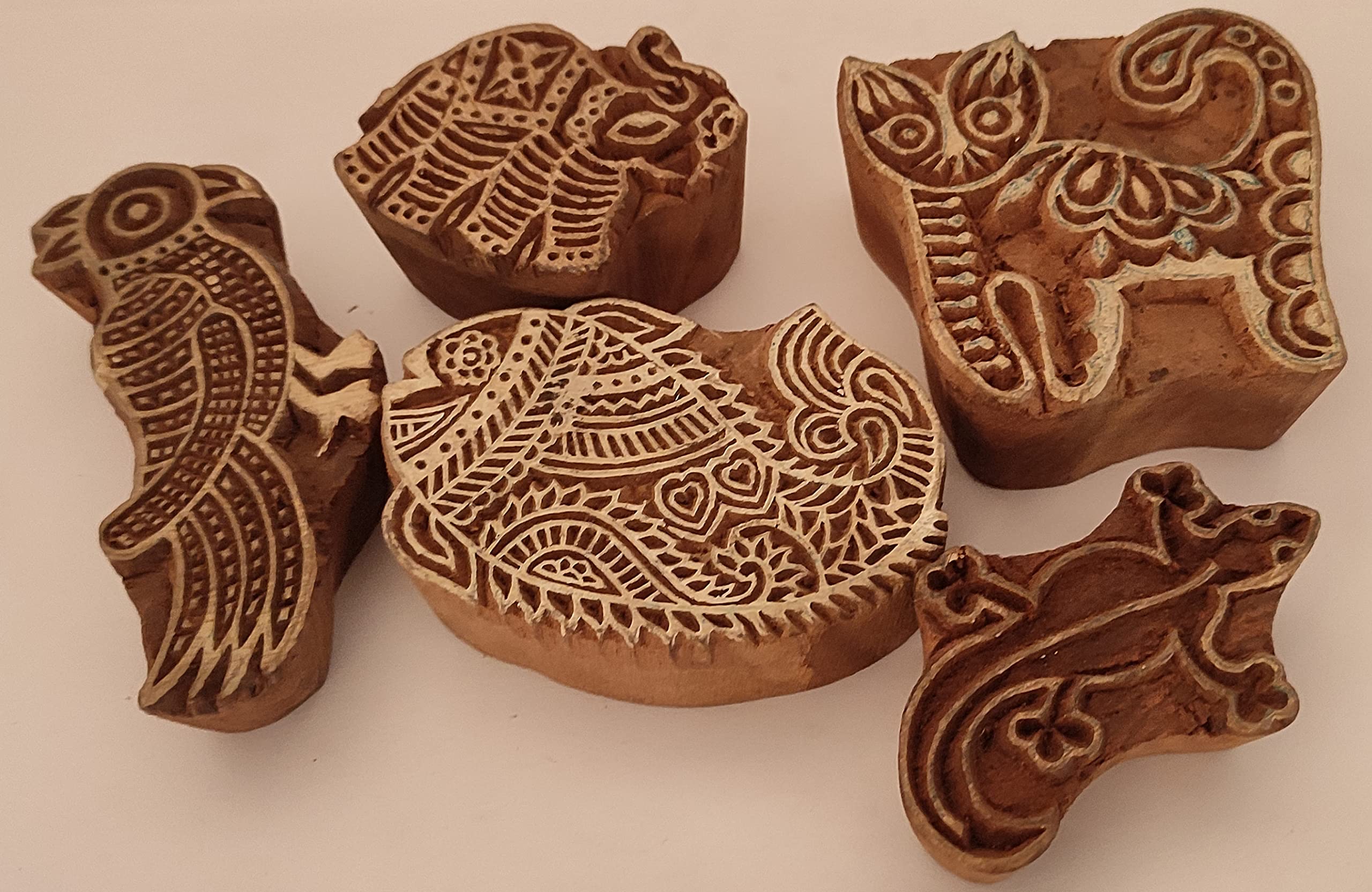 Sharvgun Juego de 5 sellos de animales, bloques de impresión de madera, arte artesanal, tela, diseños de impresión, sellos decorativos, arte curvado a mano, sello de madera