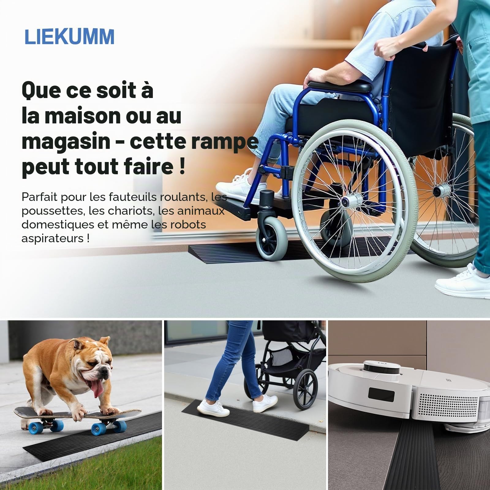 LIEKUMM Rampe de seuil 1 cm, Coupeable Caoutchouc Rampe Fauteuil roulan | Capacité 650 kg Rampe de Seuil Autocollante, Solide, Utilisable en Intérieur et Extérieur, Pour Couloirs et Salles de Bain