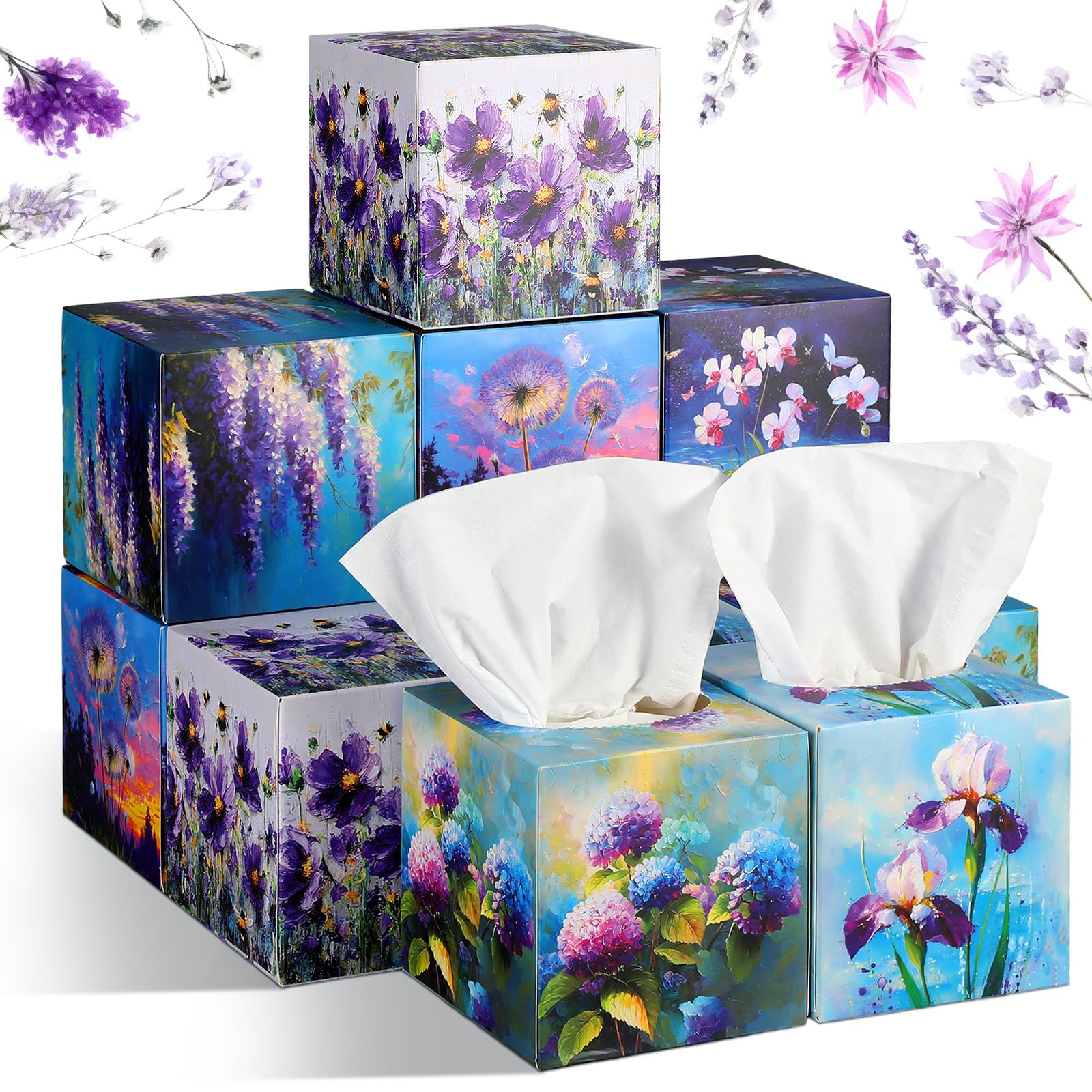 12 Pack Christmas Purple Flowers Facial Tissues Cube Face Boxes 600 Sheets 3 Ply Small Lavender Dandelion Wisteria Mandala Floral Square Tissues Bulk for Xmas Spring Car Bedroom Supplies