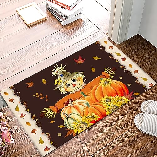 Espantapájaros de Acción de Gracias con calabazas de cosecha otoñal girasoles hojas de arce tapete de ducha para baño tapete de suelo tapete