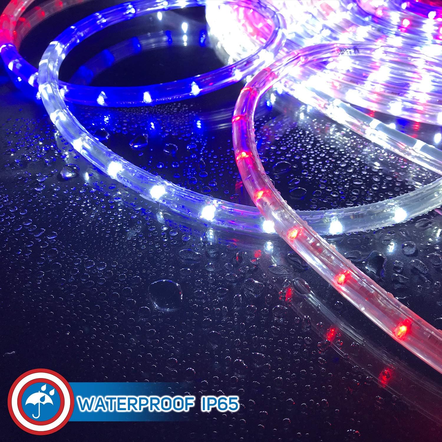 Russell Decor 50ft/15m Led Rope Lights Lamps Kit Indoor Outdoor Decorative Lighting for Patriotic 4th of July Memorial Day Decor Party Trees Patio Deck Flexible String Tube Lights- Blue Red White