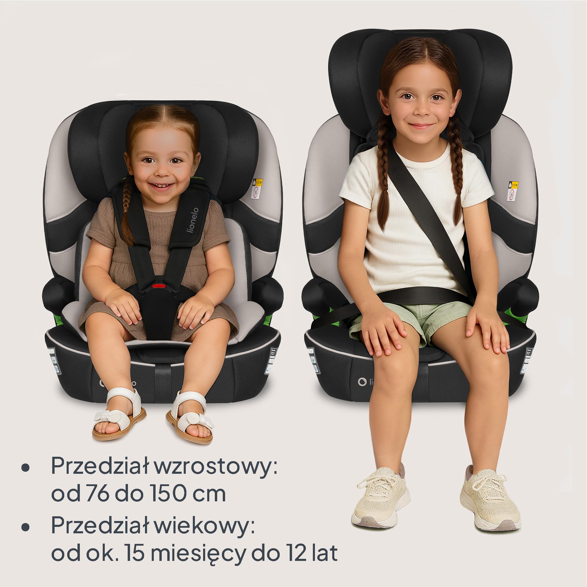 LIONELO Fotelik samochodowy Billy i-Size dla dzieci 76-150 cm (15 miesięcy – 12 lat) montaż na pasku lub na pasku, 10-pozycyjny zagłówek, ochrona boczna, górny pasek mocujący, 5-punktowa uprząż z