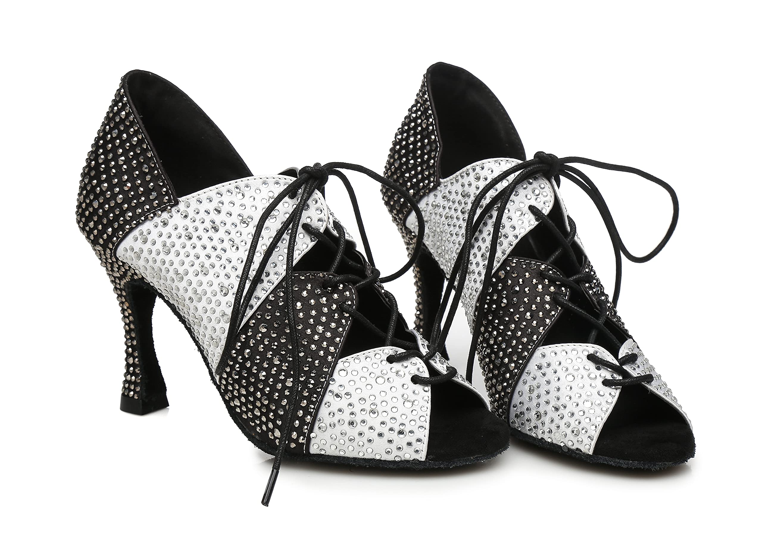 Minishion Dance Shoes for Women Lace-up High Heel Latin Sandals L460 Black/White US 4