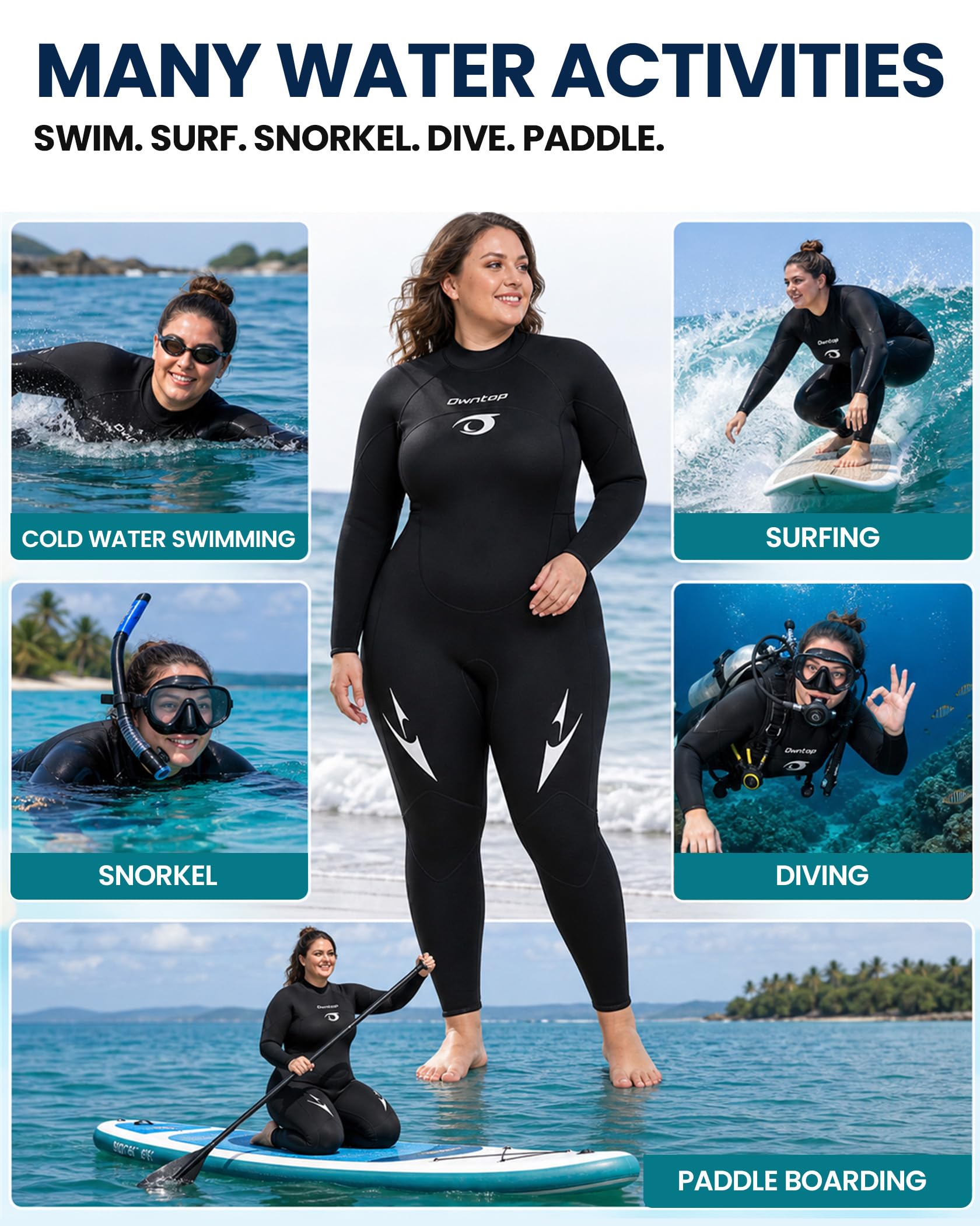 Owntop Combinaison de plongée thermique en néoprène de 3/2 mm avec fermeture éclair dans le dos pour homme et femme, pour plongée en eau froide et surf