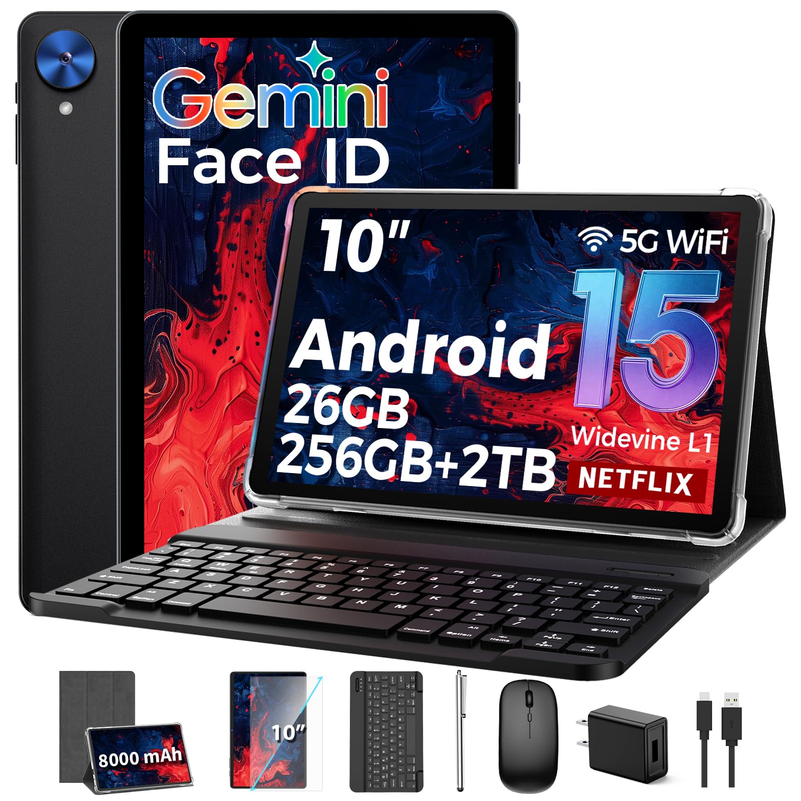 2026 Android 15 Tablet with Keyboard, 26GB+256GB, 2TB Expand, 10 Inch Tablet PC with 8 Cores, Gemini AI, 5G WiFi, 8000mAh, BT5.0, Widevine L1, GPS, 2 in 1 Tablets with Case, Mouse, Pencil-picture-34
