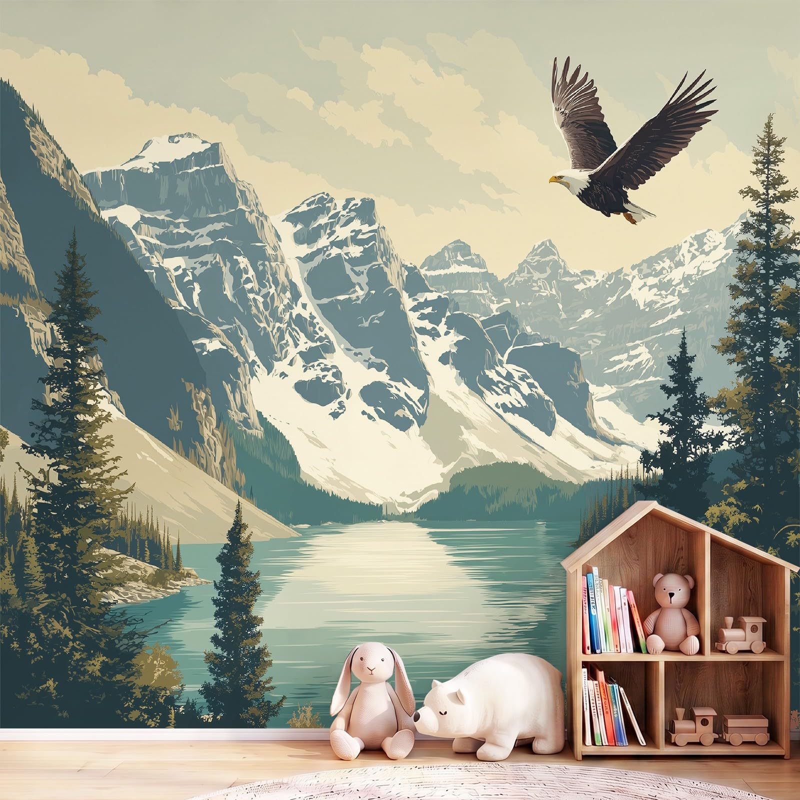 Fototapeta ścienna w stylu vintage, krajobraz, 200 x 140 cm (szer. x wys.), śnieżne góry, natura, orzeł, wymagana tapeta, tapeta, mural do standardowej sypialni, salonu, pokoju dziecięcego, możliwość