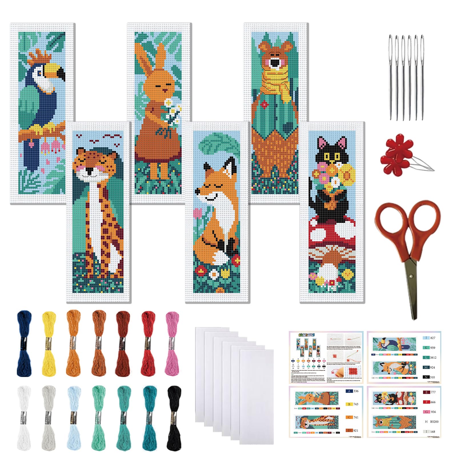 FREEBLOSS 6 Set Cross Stitch Bookmark Kit for Beginner Adults Small Cross Stitch Kits Jungle Animals Stamped Embroidery Bookmark Kit with Instruction Embroidery Stitch Bookmarks for Book Lovers — image 1