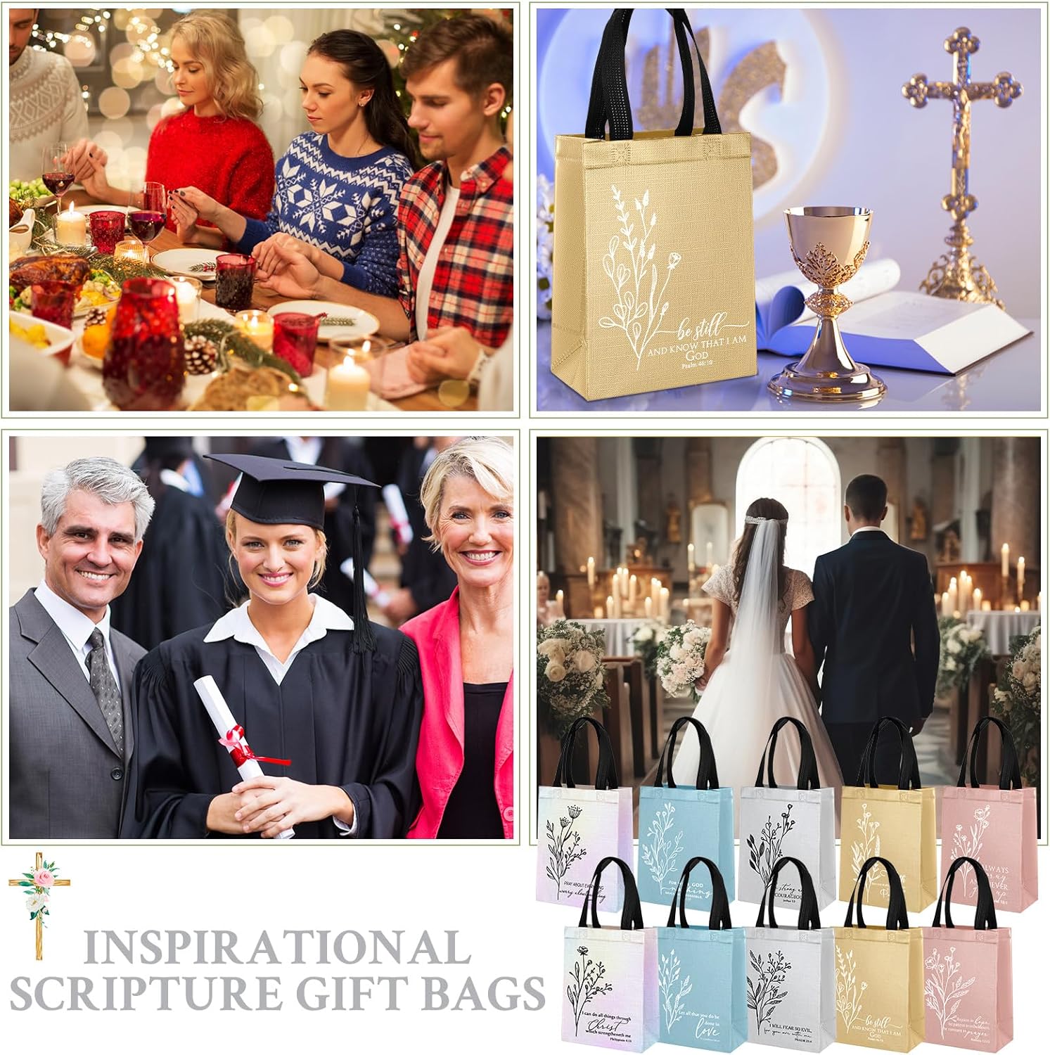 Sweetude 40 Pcs Christian Gift Bag Bulk, Reusable Non Woven Church Welcome Totes with Handles, Medium Floral Bible Verse Bags for Holiday, Easter, Sunday School, Religious Event Gifts (Mild Colors) - Image 6