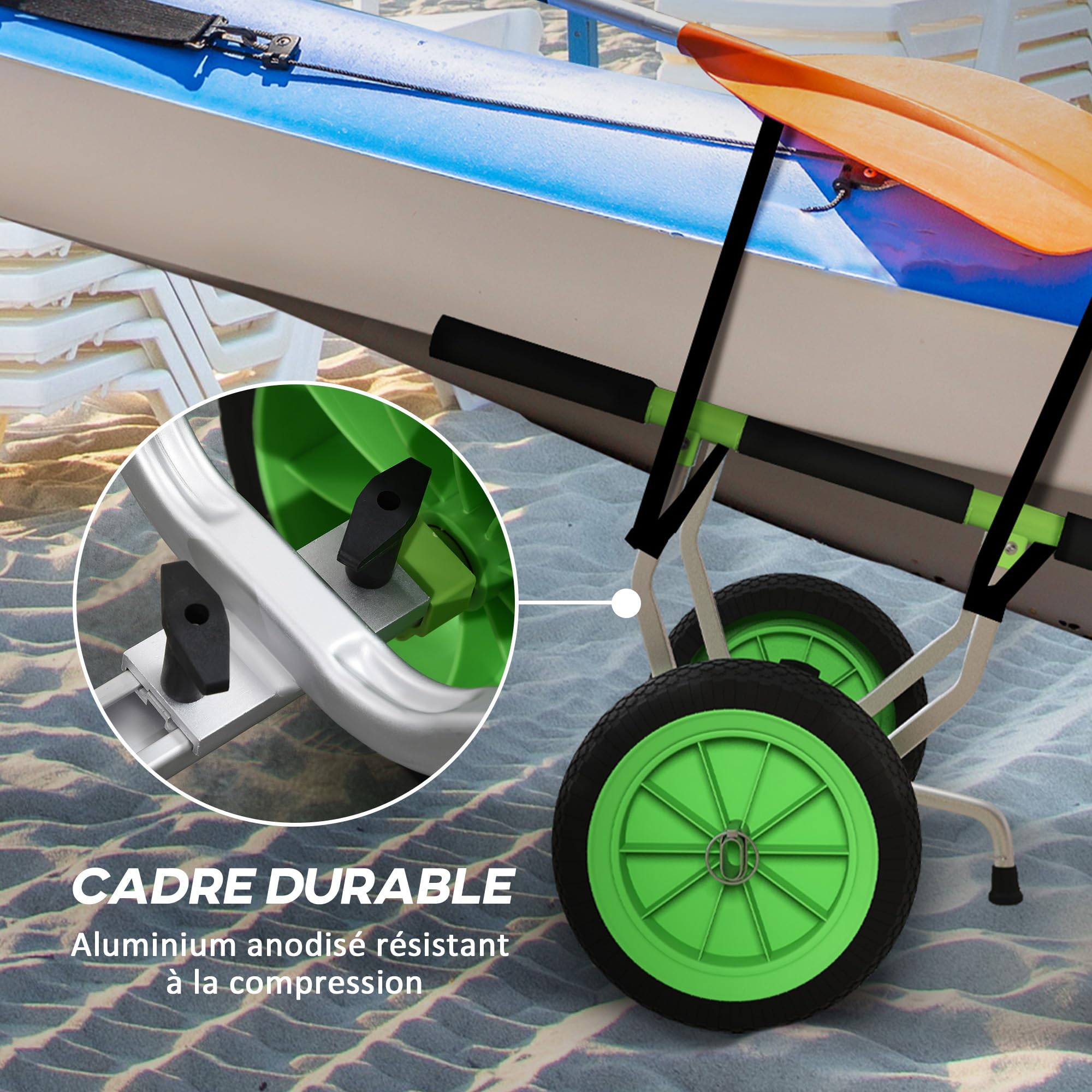 SPORTNOW Chariot de Transport pour Kayak, Stand-up Paddle, canoë avec Largeur réglable, Grandes Roues et Cadre en Aluminium - 2 Sangles fournies