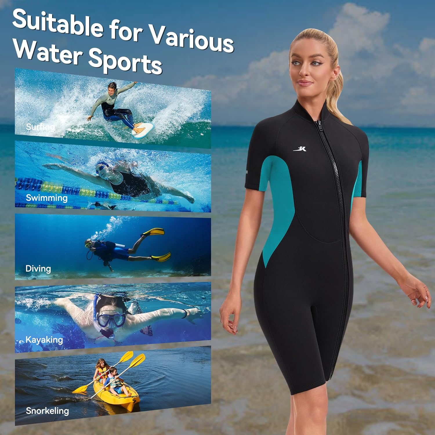 2mm Shorty Wetsuit Womens Front Zip Neoprene Diving Suit for Swimming Surfing Diving