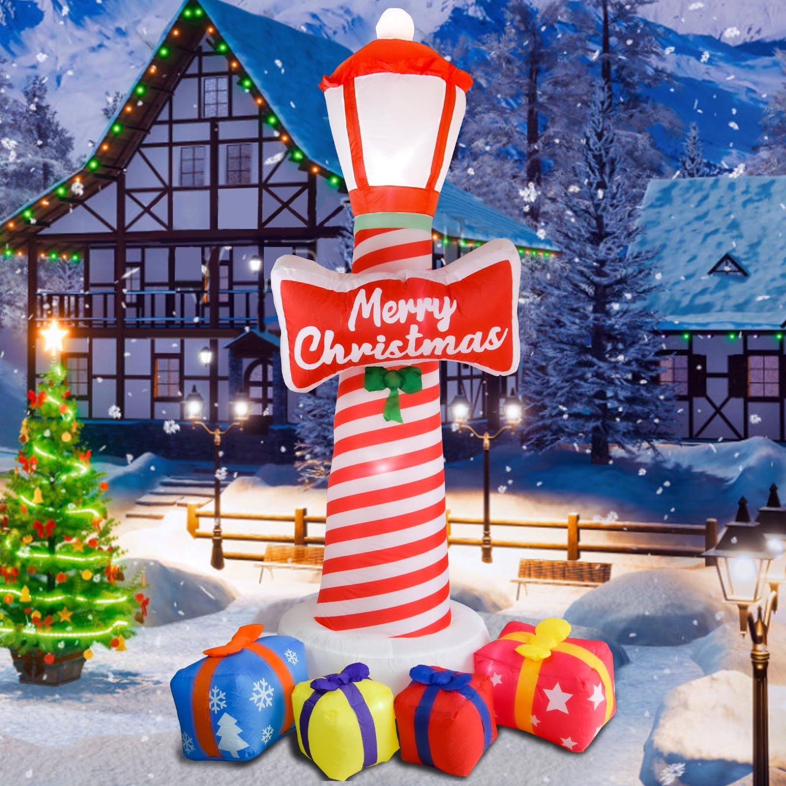 Phare de Noël gonflable de 8,1 pieds avec boîtes cadeaux, décorations de cour de Noël gonflables, avec lumières LED pour décoration de pelouse de vacances