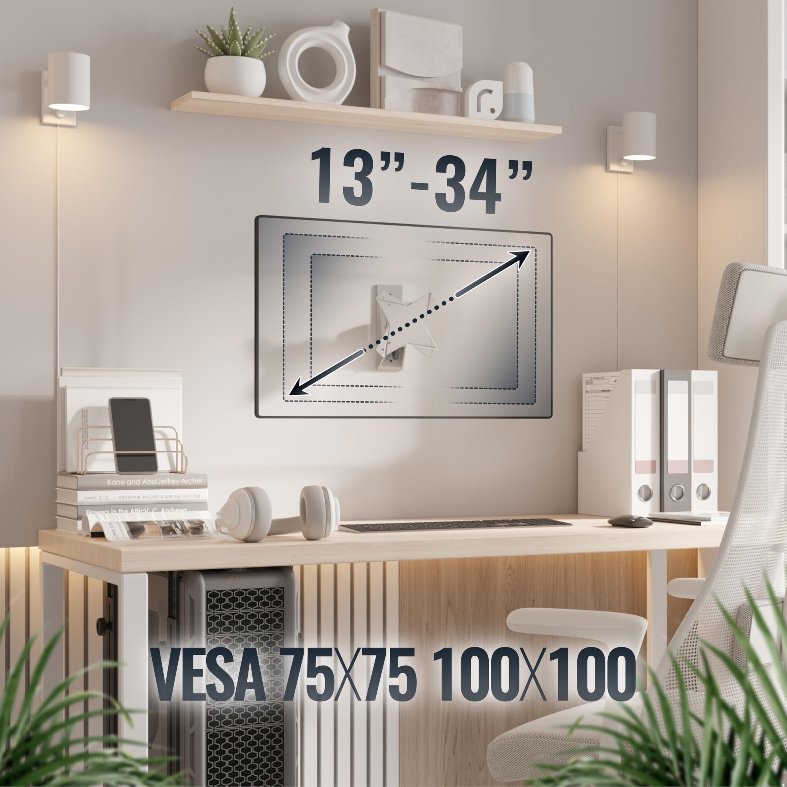 RICOO Soporte Monitor Pared Giratorio Inclinable Pantalla 13-29" (33-74cm) S1511 Brazo Universal Monitor LED/LCD/Curvo VESA 75x75 100x100