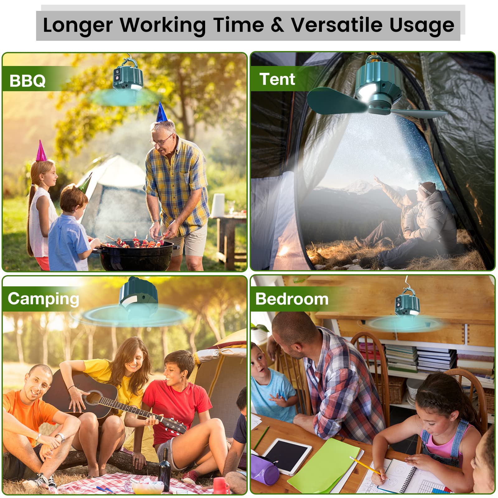 Ventilador portátil de camping al aire libre recargable – Ventilador USB de 10400 mAh con luz LED y control remoto, para tienda, techo, viajes (temporizador, 3 velocidades y niveles de luz)