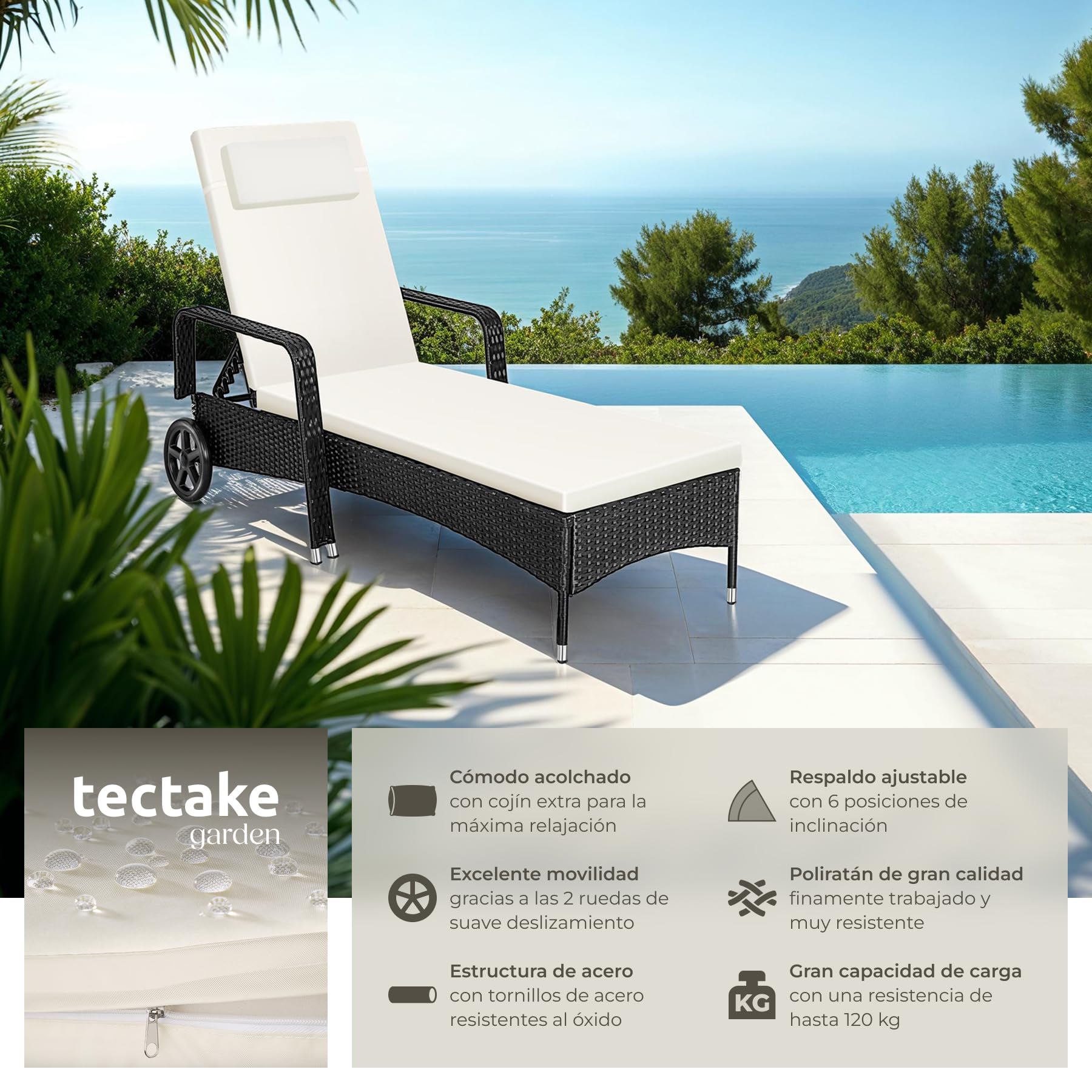tectake®, Tumbona Chaise Longue, Ajustable de Poliratán con Ruedas, Mueble Exterior Sofa Acolchado para Jardín y Terraza, 6 Posiciones, Fácil de Limpiar, Moderno, Hamaca de Jardín - Negro/Beige