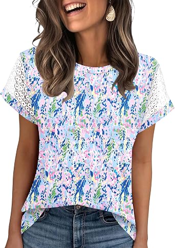 Ivicoer Womens Tops Lace Short Sleeve Blouses Dressy Casual Summer Tshirts Business Outfits