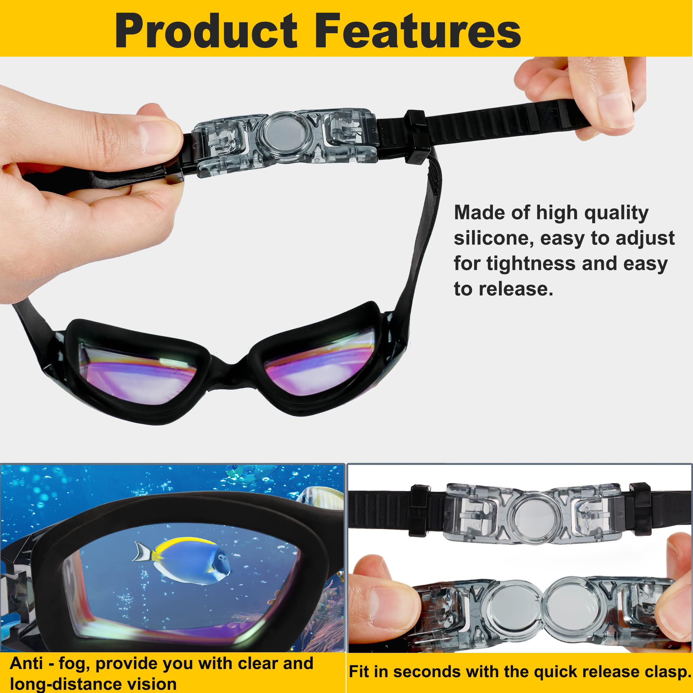 yenlk Swimming Goggles, Attached Ear Plugs for Adult Men Women And Kids 8+, No Leaking, Anti Fog, UV Protection - Image 4