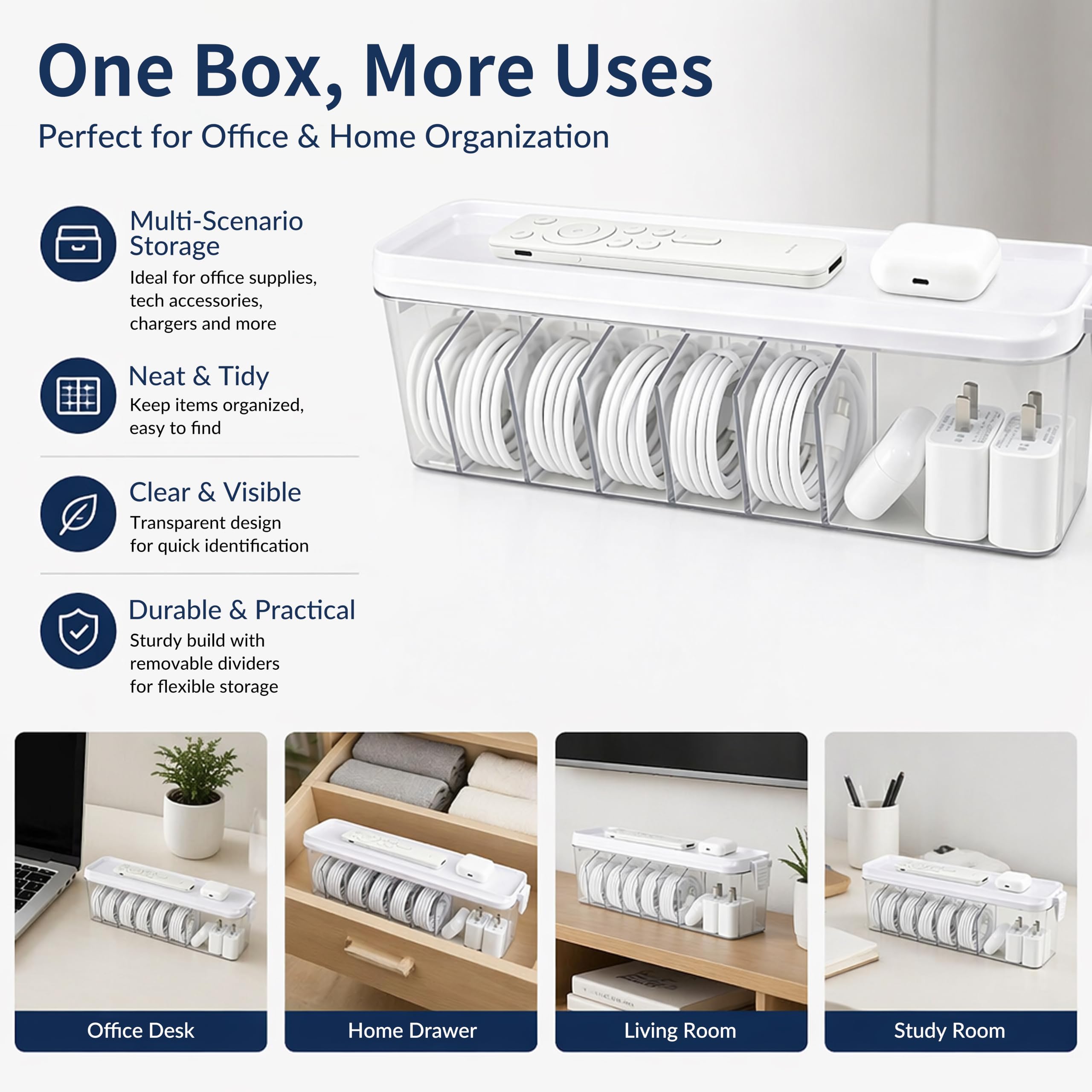 TexHome - 2 organizer per cavi di ricarica con coperchio, in plastica, con fascette, organizer per cavi elettronici, per cassetti di casa, ufficio, scrivania