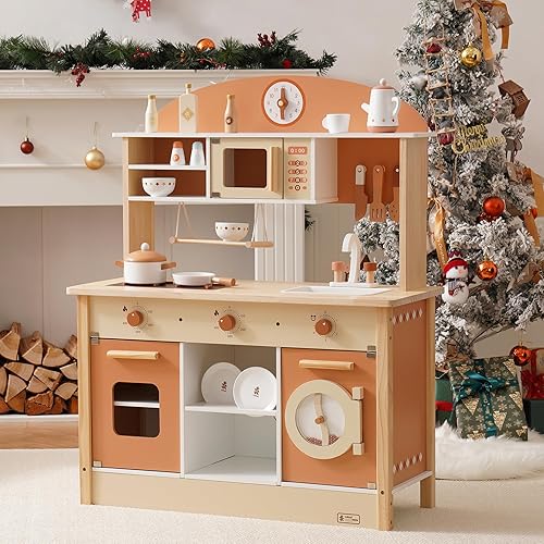 Miniatura 9 de ROBUD - Cocina de juguete para niños pequeños, cocina de madera con accesorios realistas y muchas funciones de juego, para niñas y niños, regalo