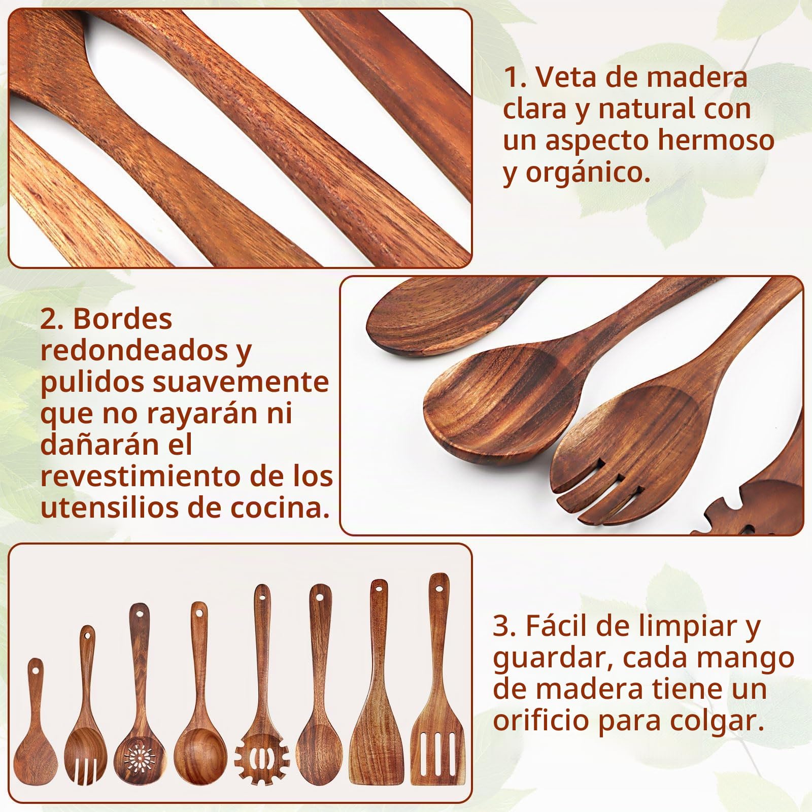 8 Piezas Juego de Utensilios de Cocina de Madera de Acacia con Espátula | Cucharón Cubiertos para Ensalada Cucharón para Pasta Cuchara para Arroz y 8 Ganchos en S, Resistente y Antiadherentes