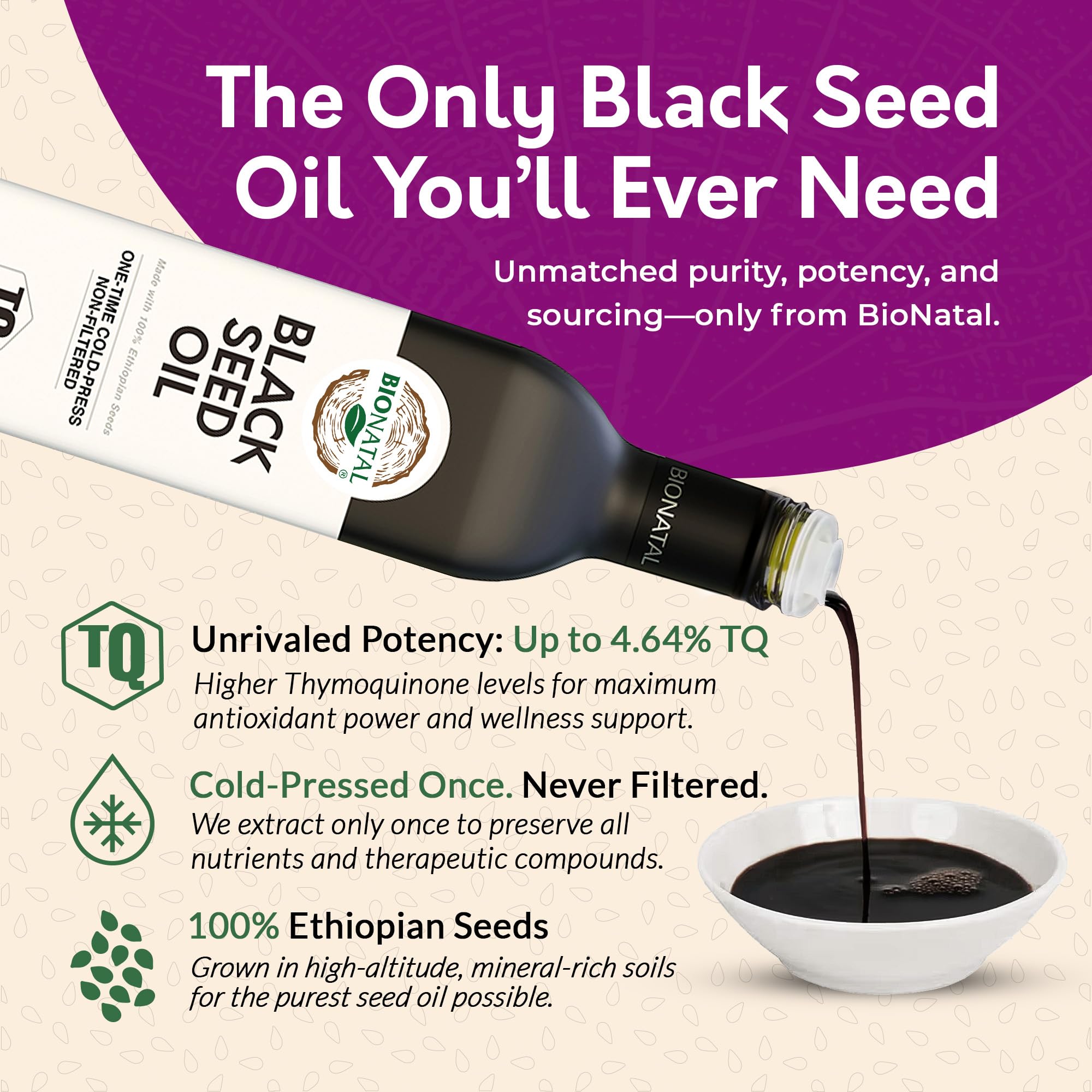 Bionatal Aceite de semilla negra etíope, 16 onzas (vidrio), prensado en frío, sin filtrar, semillas de Nigella Sativa