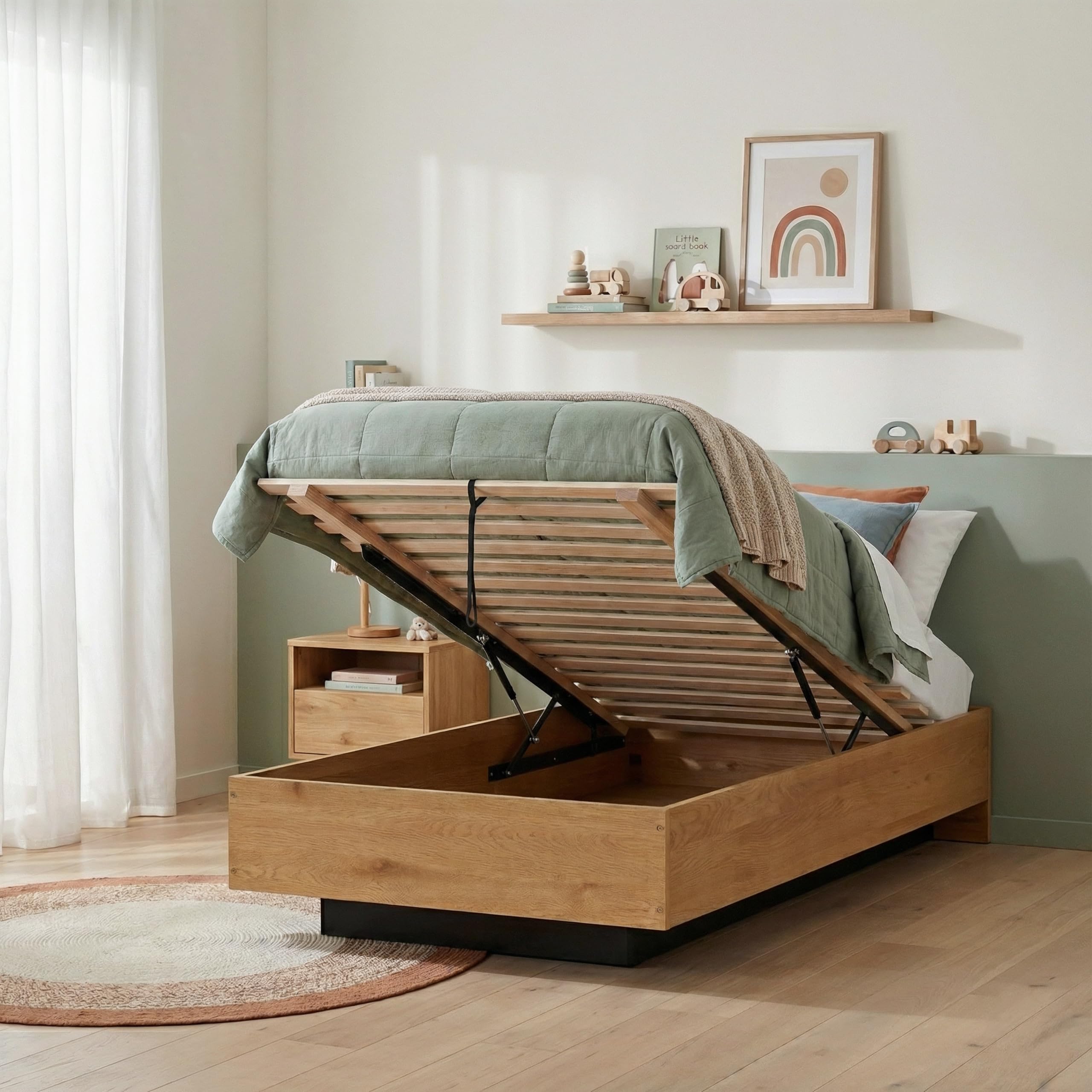 Noa and Nani Koping Single 3ft Gas Lift Ottoman Bed with Underbed Storage in Natural Pine