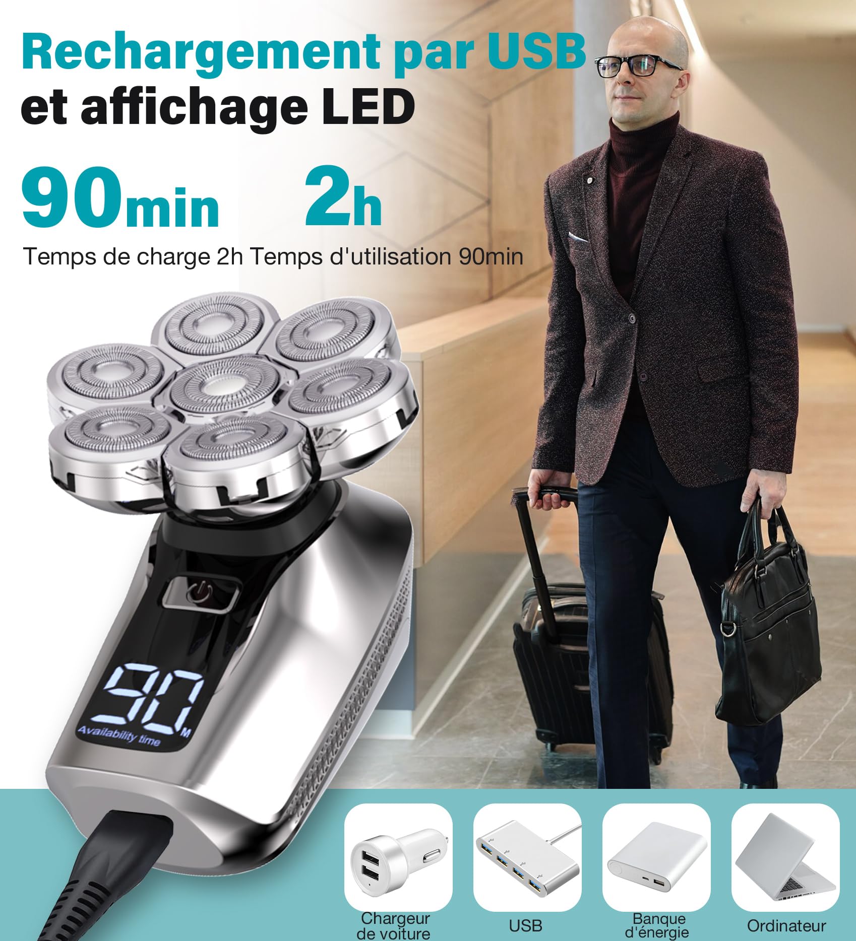 Rasoir Tete Chauve Homme, rasoir 7D amélioré pour hommes chauves, rasoir électrique humide/sec étanche IPX7, kit de toilettage de barbe avec écran LED, rasoir rechargeable pour tête chauve