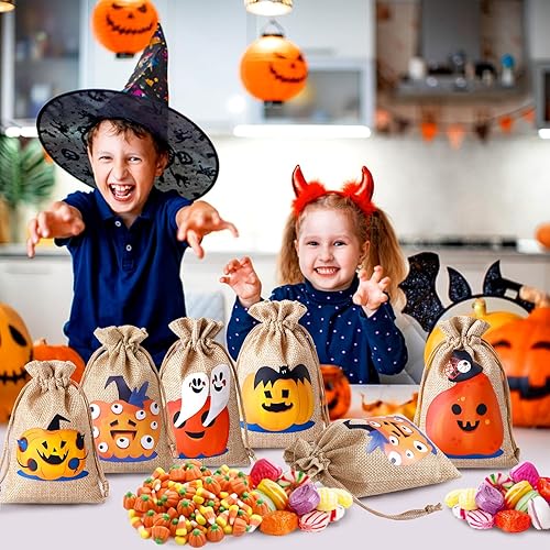 Miniatura 5 de WenTao Bolsas de regalo de arpillera de Halloween con cordones, 24 bolsas de dulces de Halloween con diferentes diseños