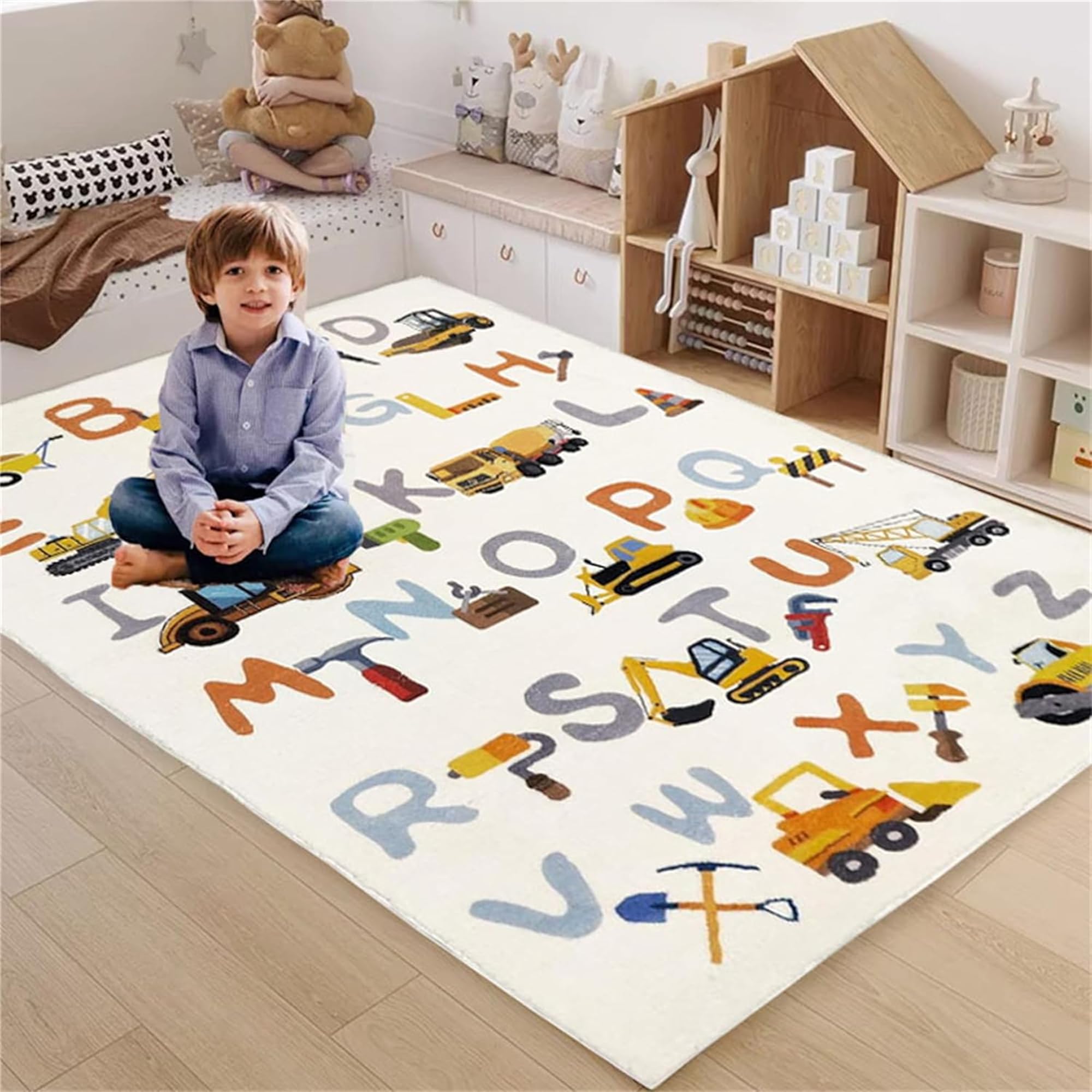 Apioiqa Kids Rug, Alphabet and Truck Carpet for Playroom 4x6, Children's Educational Play Mat ABC Rugs for Boys Girls, Digger Play Rug for Bedroom, Non-Slip Area Rugs for Nursery