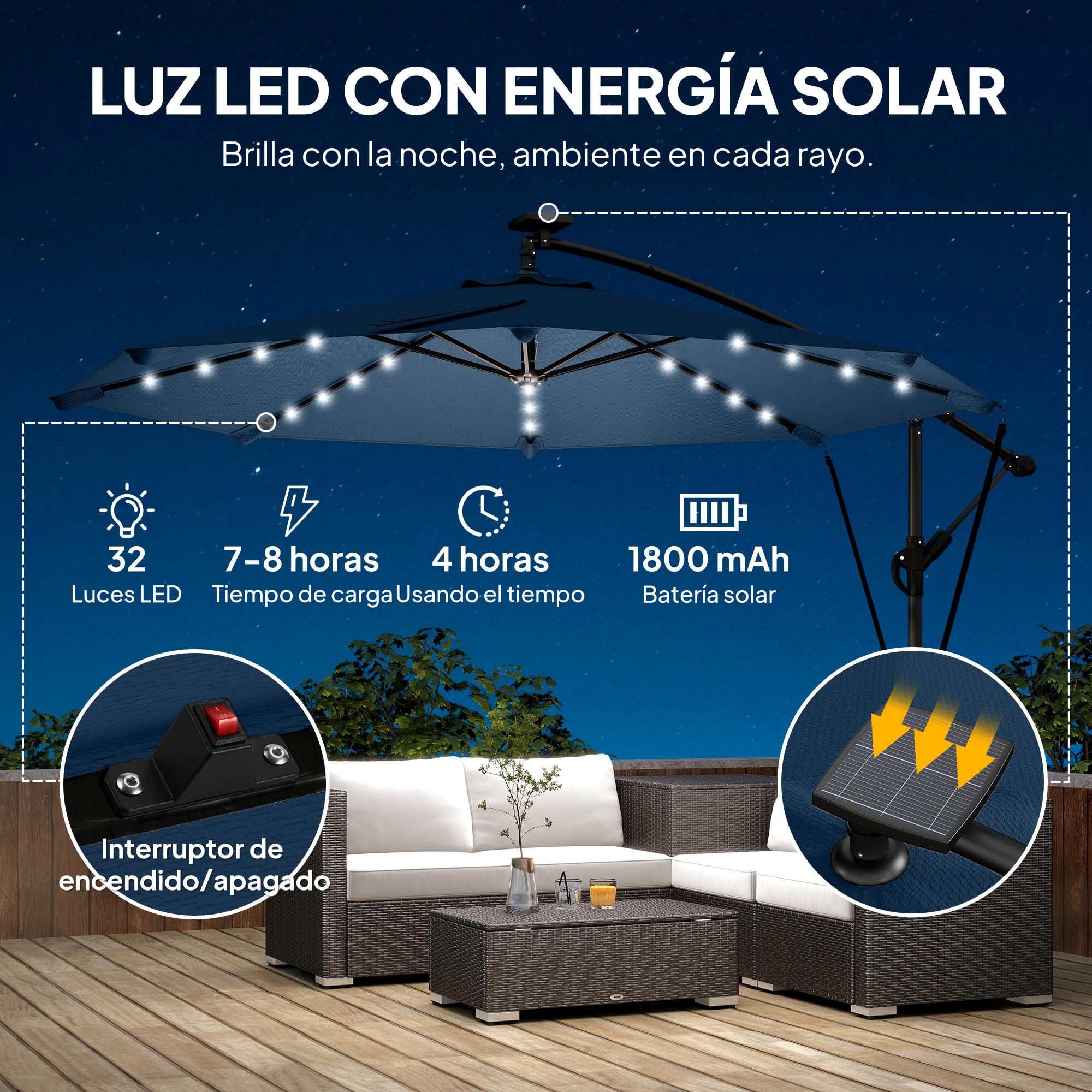 Outsunny Parasol Excéntrico con Luces LED Solares Ø345 cm Azul Marino | Sombrilla de Jardín de Aluminio, Base Cruzada, Manivela, Funda Protectora, Cuerdas de Viento, UPF50+, Terraza Exterior
