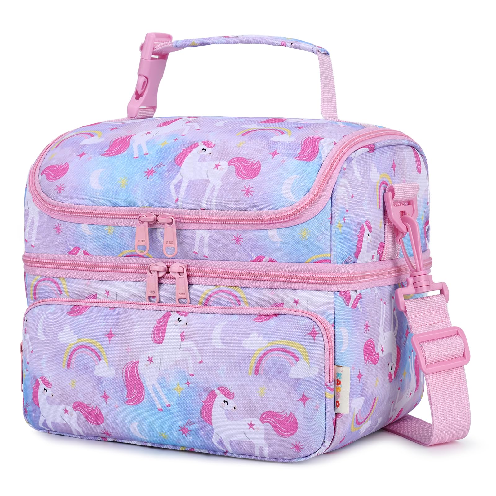 Kasgo Kids' Insulated School Lunch Bags, Large 7.5L 2-Compartment Lunch Box with Adjustable Detachable Shoulder Strap, Clip-On Handle & Easy-Clean Lining (Pink Unicorn)